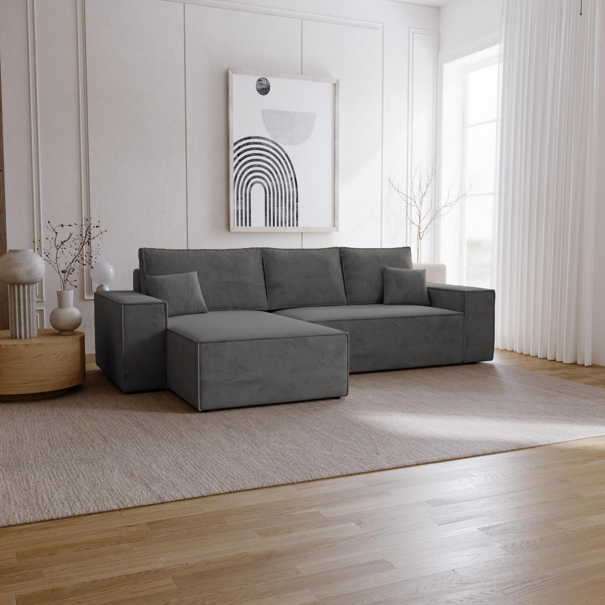 ECKSOFA mit Schlaffunktion Bergamo L 280 cm, Samt, Links - Dunkelgrau - Dunkelgrau, Holz (277/189cm) - Emporius