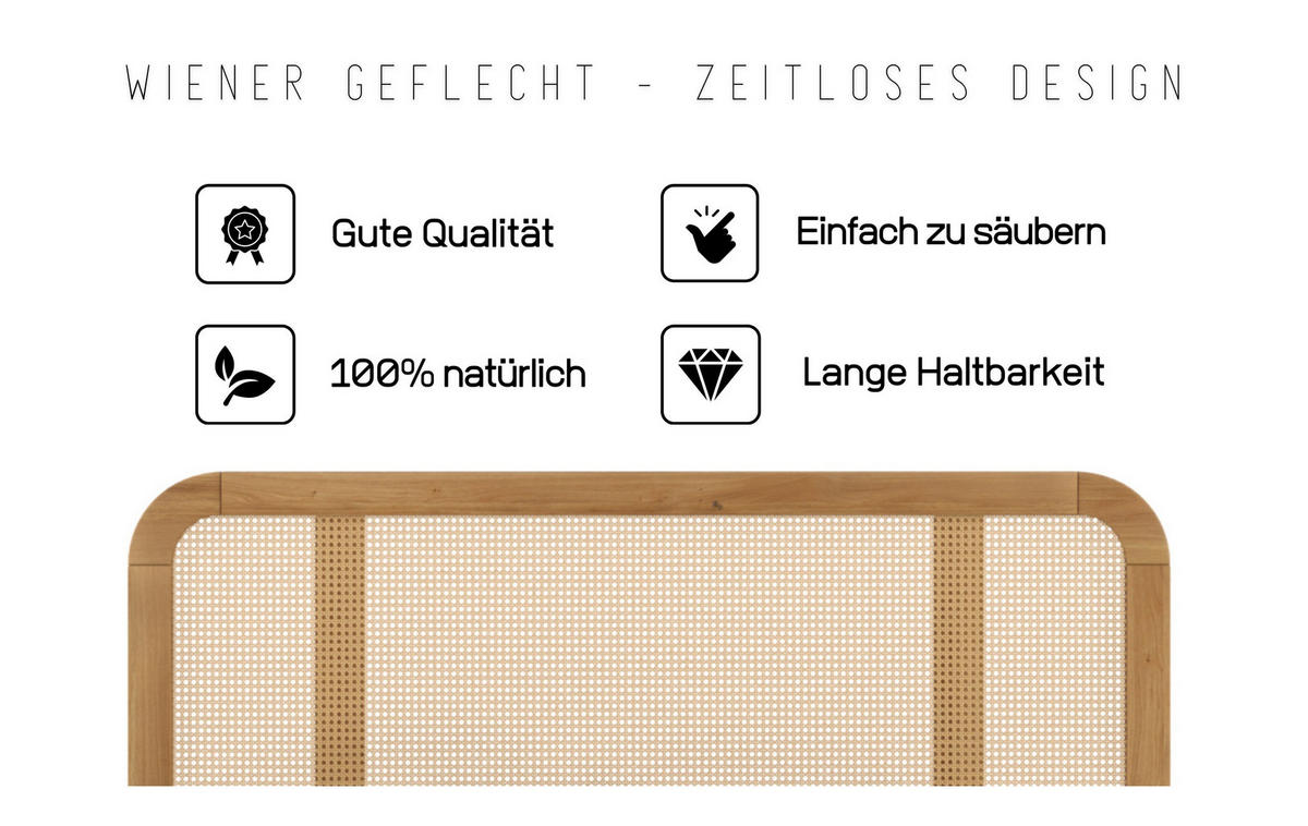 MASSIVHOLZBETT Harmark, Rattan - Kopfteil, Eiche - lackiert, Naturfarben, 140x200 - Eichefarben, Eichenholz/Holz (140/200cm) - Skandica