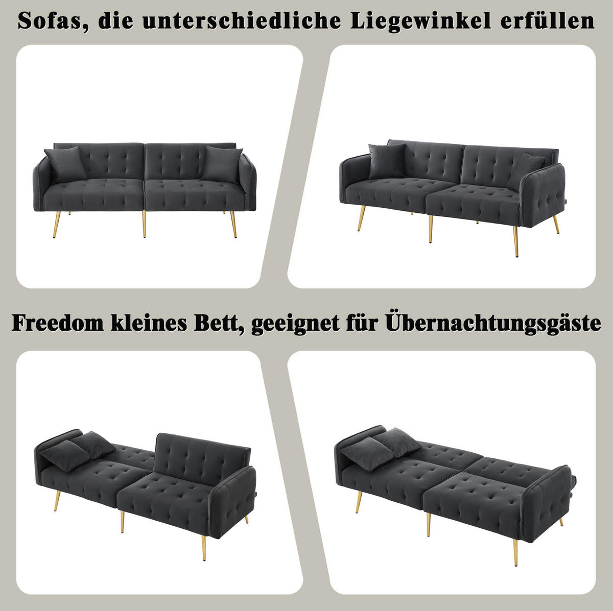 SOFABETT Zweisitzer Samt 2-in-1 mit verstellbarer Rückenlehne Antikgrau 178/82/70 cm - Grau, Textil (82/70/178cm) - Redom