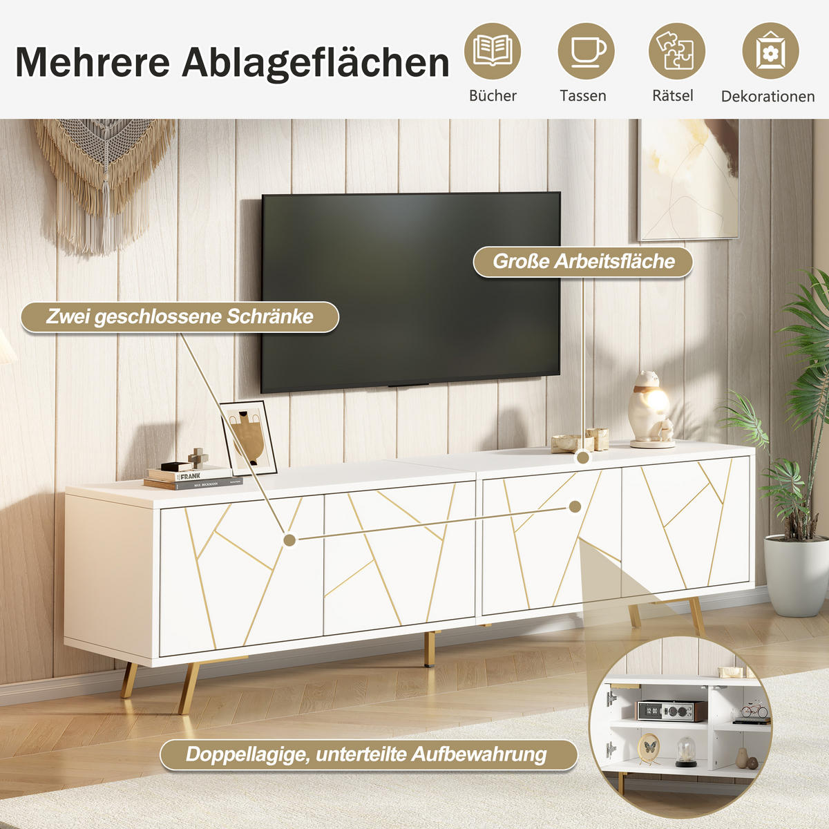 TV STOLEK bílý se 4 dvířky a 5 kovovými nohami, do obývacího pokoje, pro TV do 85", 190 × 40 × 51,5 cm - bílá/zlatá, kov/kompozitní dřevo (190/51.5/40cm) - STILVORA