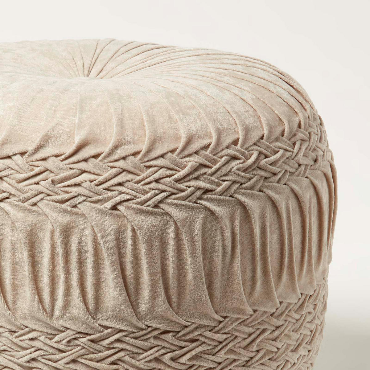 SAMT-POUF Sofia creme, plissiert in Flechtoptik, 50/50/35 cm - Creme, Textil (50/35/50cm) - Homescapes