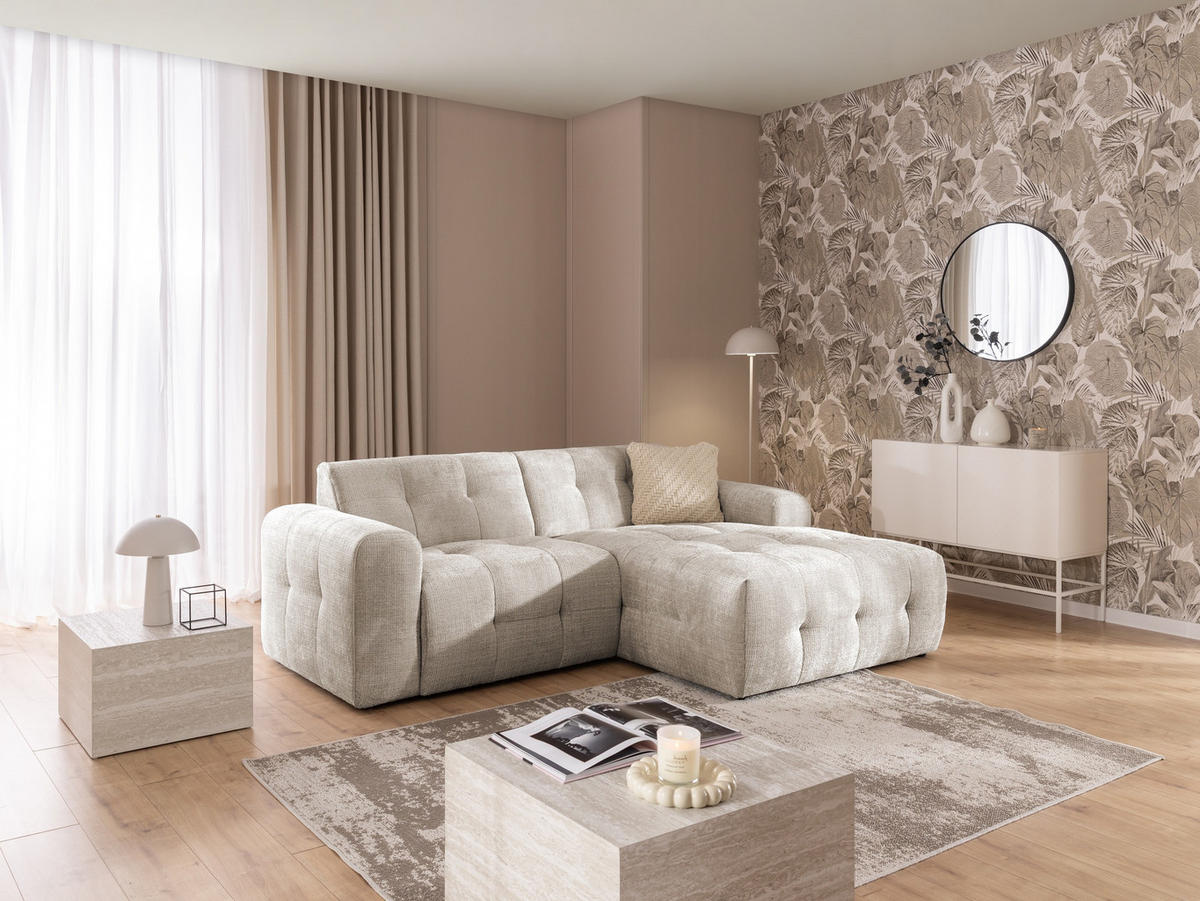 ECKSOFA Kozy im Bumpy-Design mit fester Rückenlehne aus weichem Dunkelbeige Chenille-Stoff - Ottomane rechts - Beige/Schwarz, Holz/Kunststoff (234/161cm) - S-Style Möbel