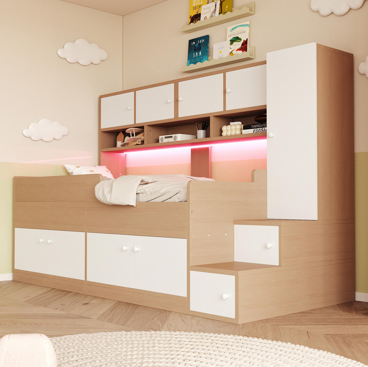 HOCHBETT 90/200 cm aus MDF mit Stauraum, Kleiderschrank, LED-Beleuchtung und Sicherheitsgeländer, farbe - Eichefarben, Holzwerkstoff (90/200cm) - Redom