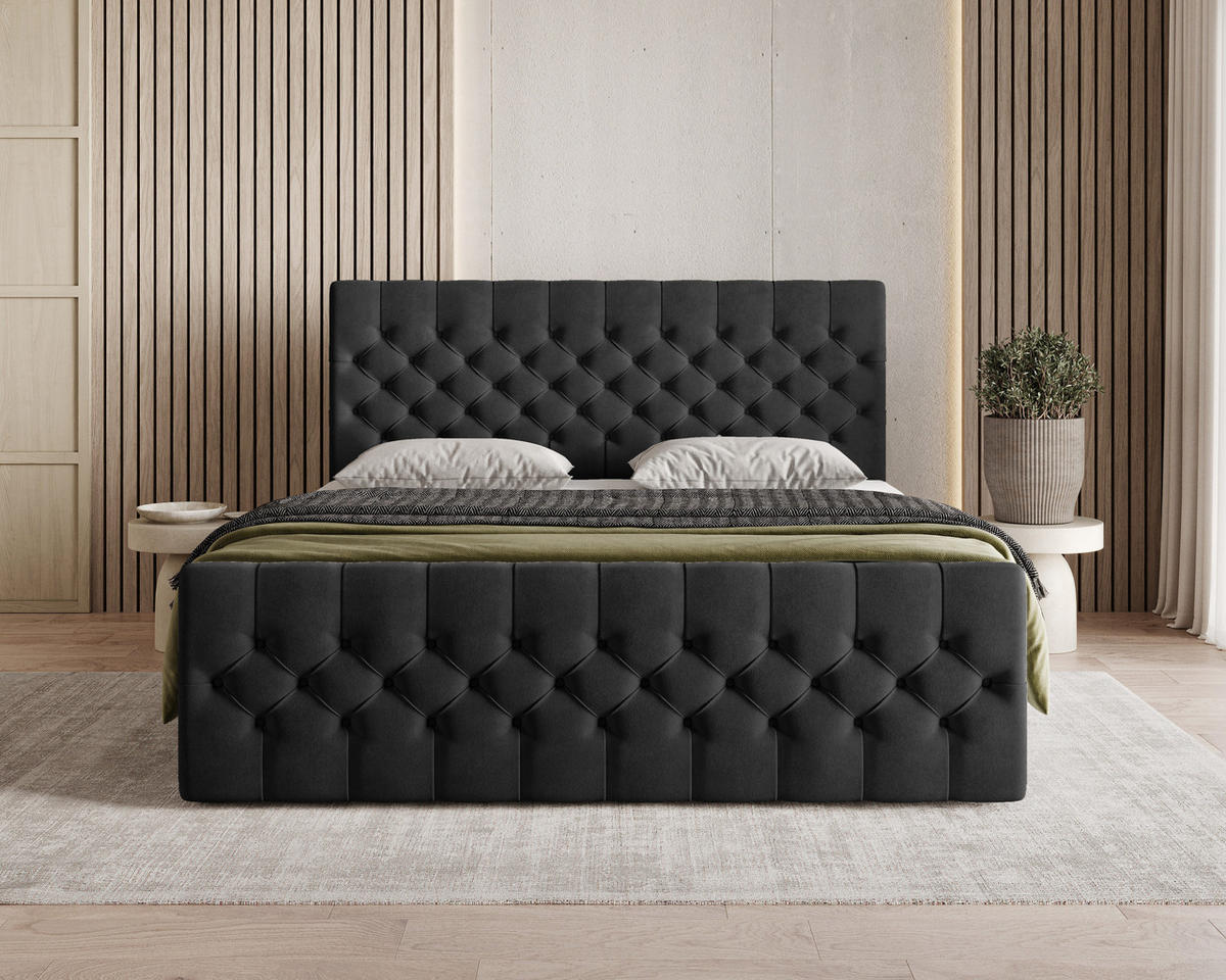 BOXBETT 12 140 x 200 cm - Manila - Modernes Polsterbett mit Bettkasten inkl. PU-Schaum-Topper und Federmechanismus - Schwarz, Holz (140/200cm) - ROYAL24_MARKT