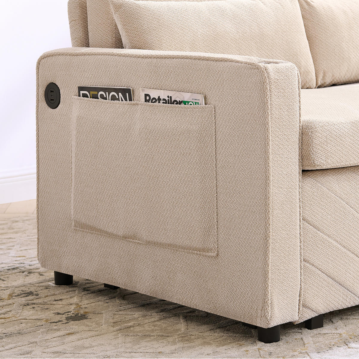 SCHLAFSOFA aus Holz und Stoff mit USB-Anschluss und Ausziehfunktion Beige - Beige, Holz (134/73/195cm) - Modenvie