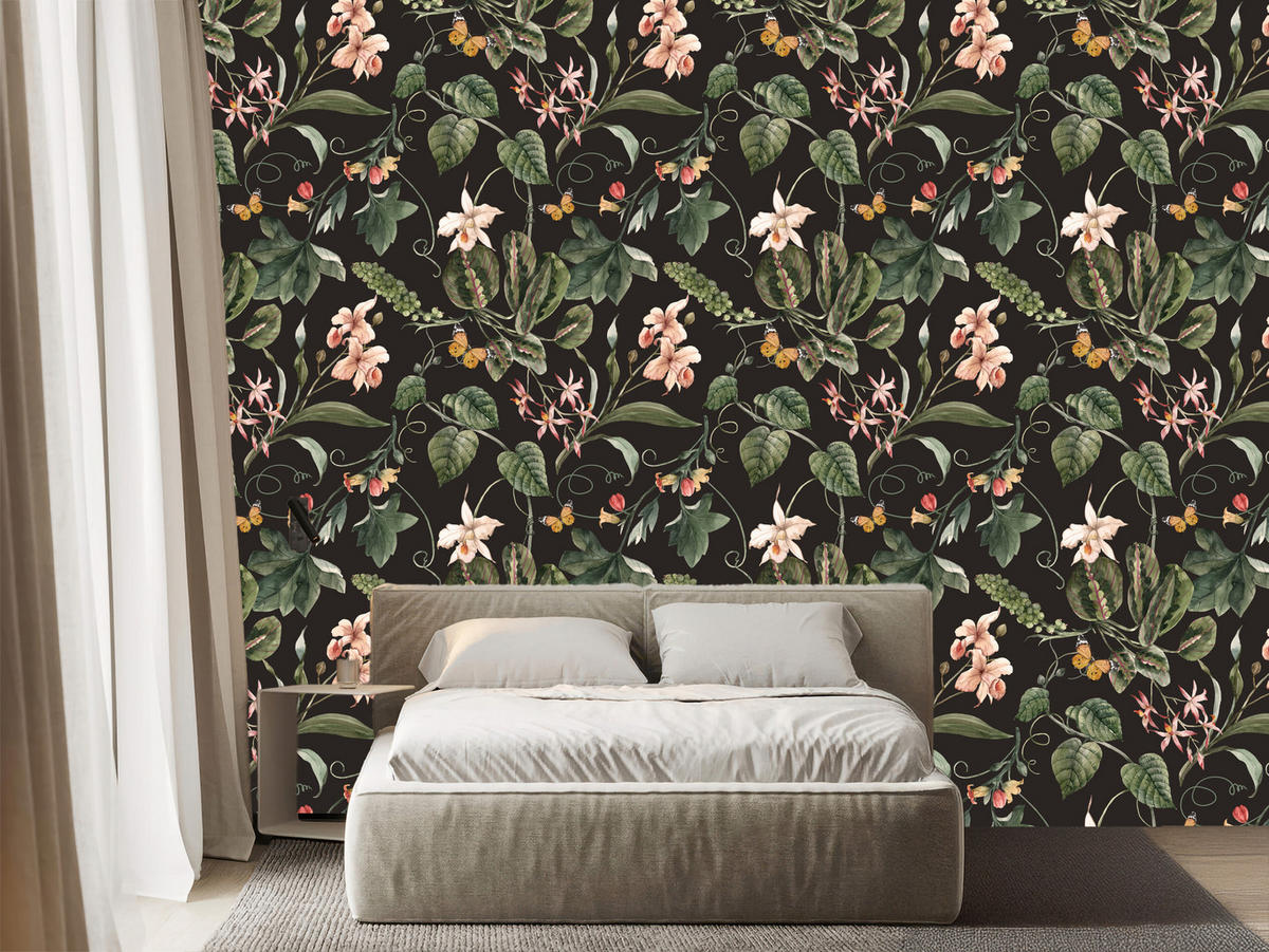 VLIESTAPETE Exotische Blüten und Pflanzen – Rosa, Grün, Schwarz – 50x1000 cm - Schwarz/Rosa, Papier (50/1000cm) - Muralo