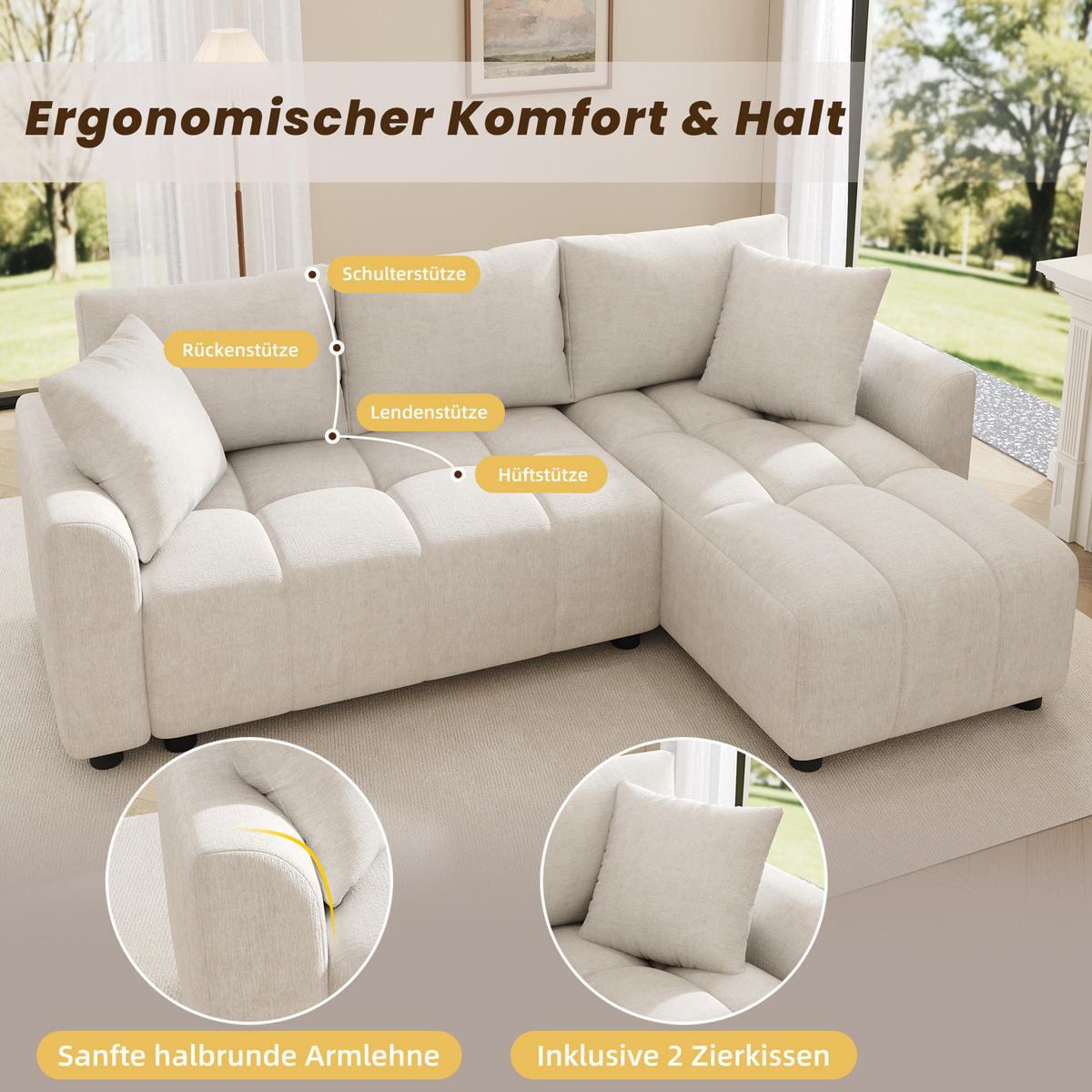 ECKSOFA 204/127/82.5 cm Beige Chenille mit 2 Zierkissen - Beige, Textil (204/127cm) - Oxeza