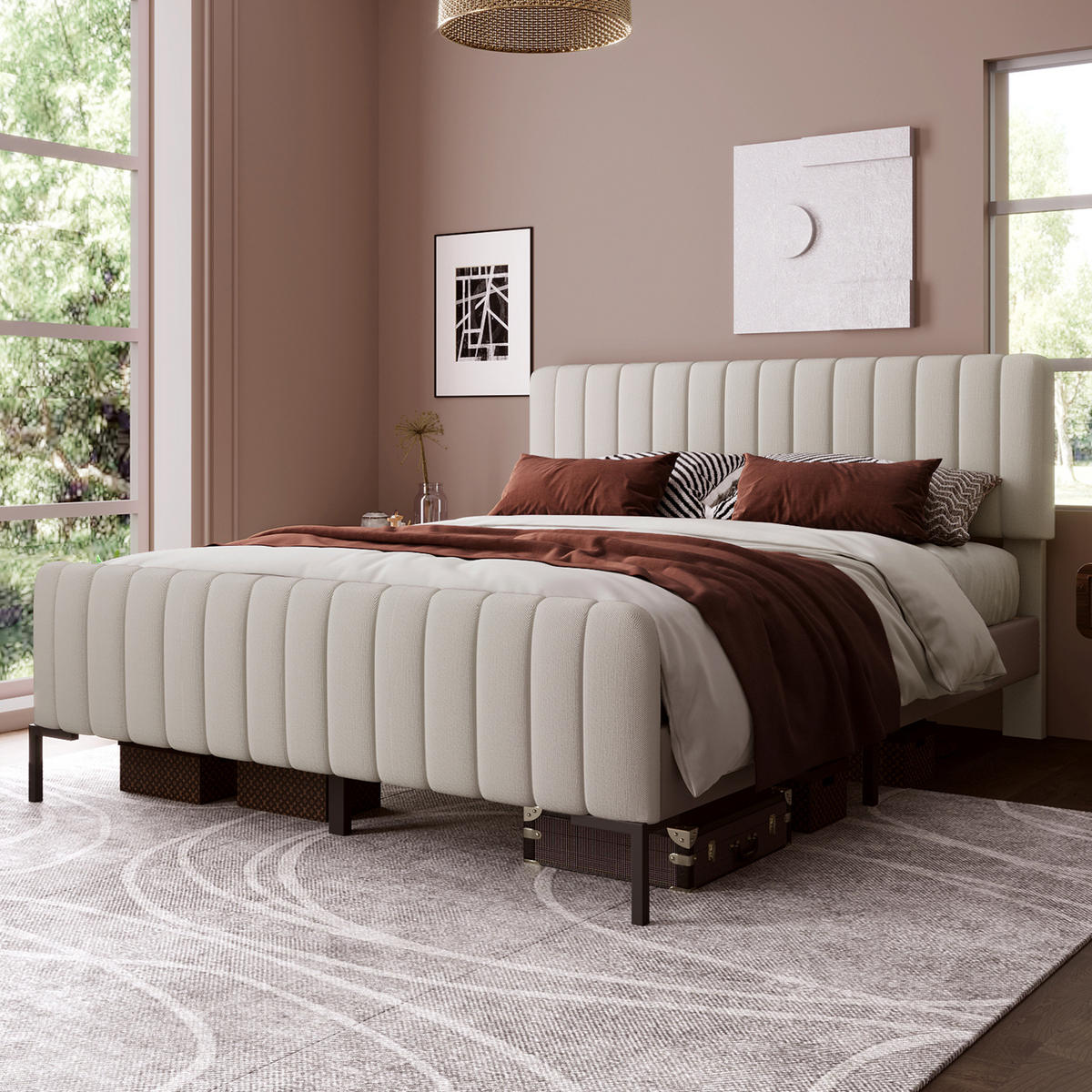 POLSTERBETT aus Leinen 180x200 cm in Beige mit verstellbarem Kopfteil - Beige, Textil (180/200cm) - Modfu