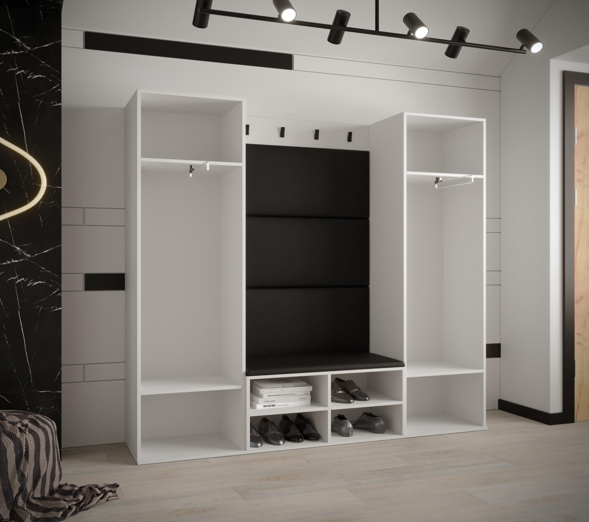 Thumbnail - Möbel Kryspol Garderoben-Set, Weiß, Dunkelblau, Kunststoff, Nachbildung, 2-Sitzer, 6 Fächer, 184x184x42 cm, Garderobe, G...