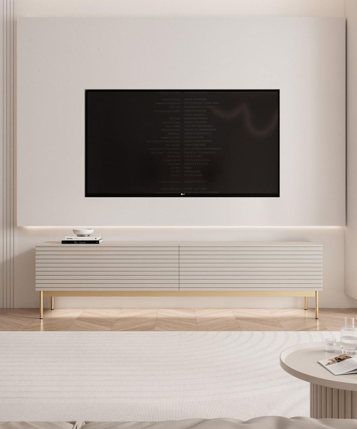 TV stolík Linearis kašmírovo sivý 175/46/30 cm - zlatá/taupe, kov/kompozitné drevo (175/46.2/30cm) - Selsey