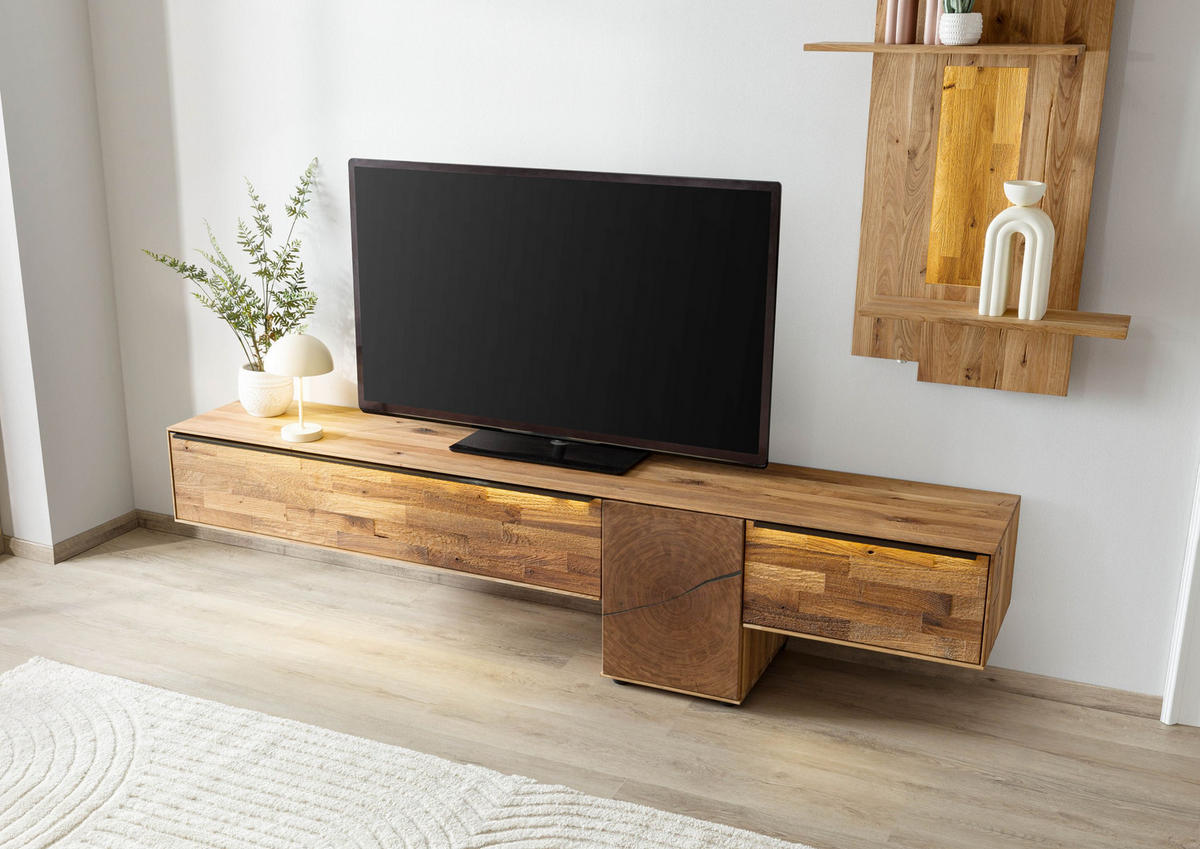 LOWBOARD Wildeiche 220x43x55 natur geölt WIEN #111 - Naturfarben, Holz (220/55/43cm) - Massivmoebel24