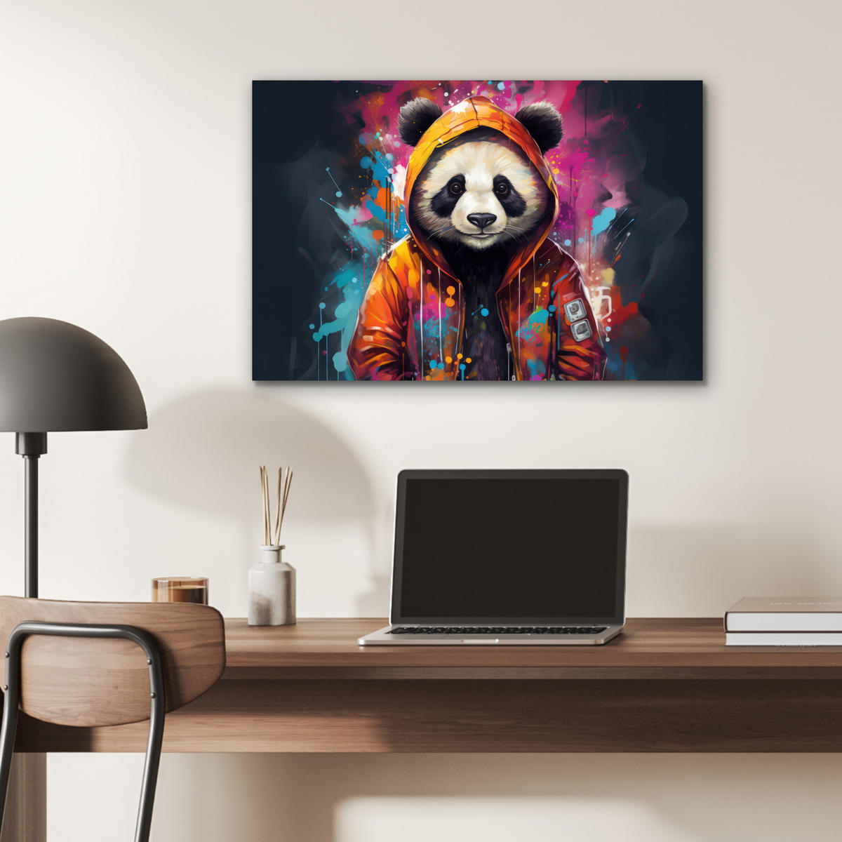 METALLBILD Panda - Jacke - Graffiti - Orange 60x40 cm - Orange, Metall (60/40cm) - MuchoWow