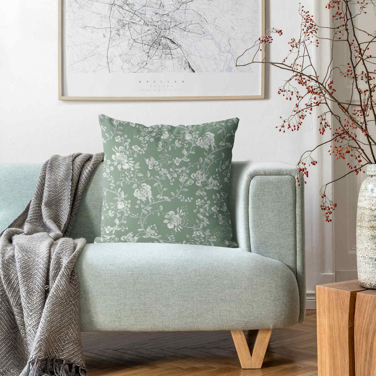 DEKOKISSEN Blumenranken auf Grün 50/50 cm - Grün, Textil (50/50/10cm) - Bilderwelten