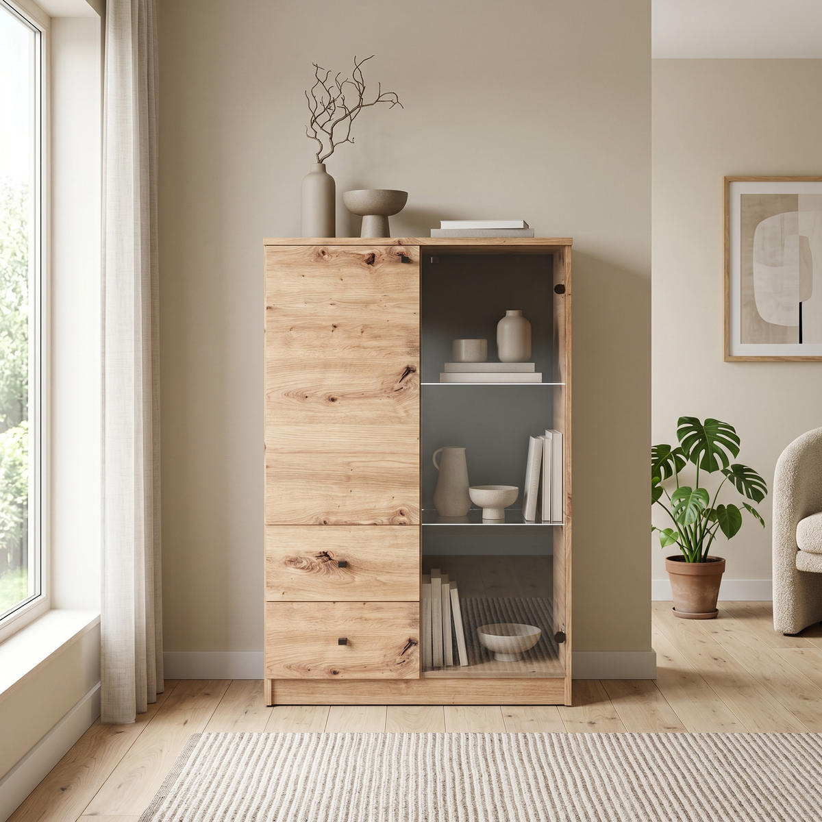 KOMMODE NATURIO 80/120,5/40cm mit 2 Schubladen 1 Türen Eiche Artisan - Eiche Artisan, Holzwerkstoff (80/120.5/40cm) - MASSENO