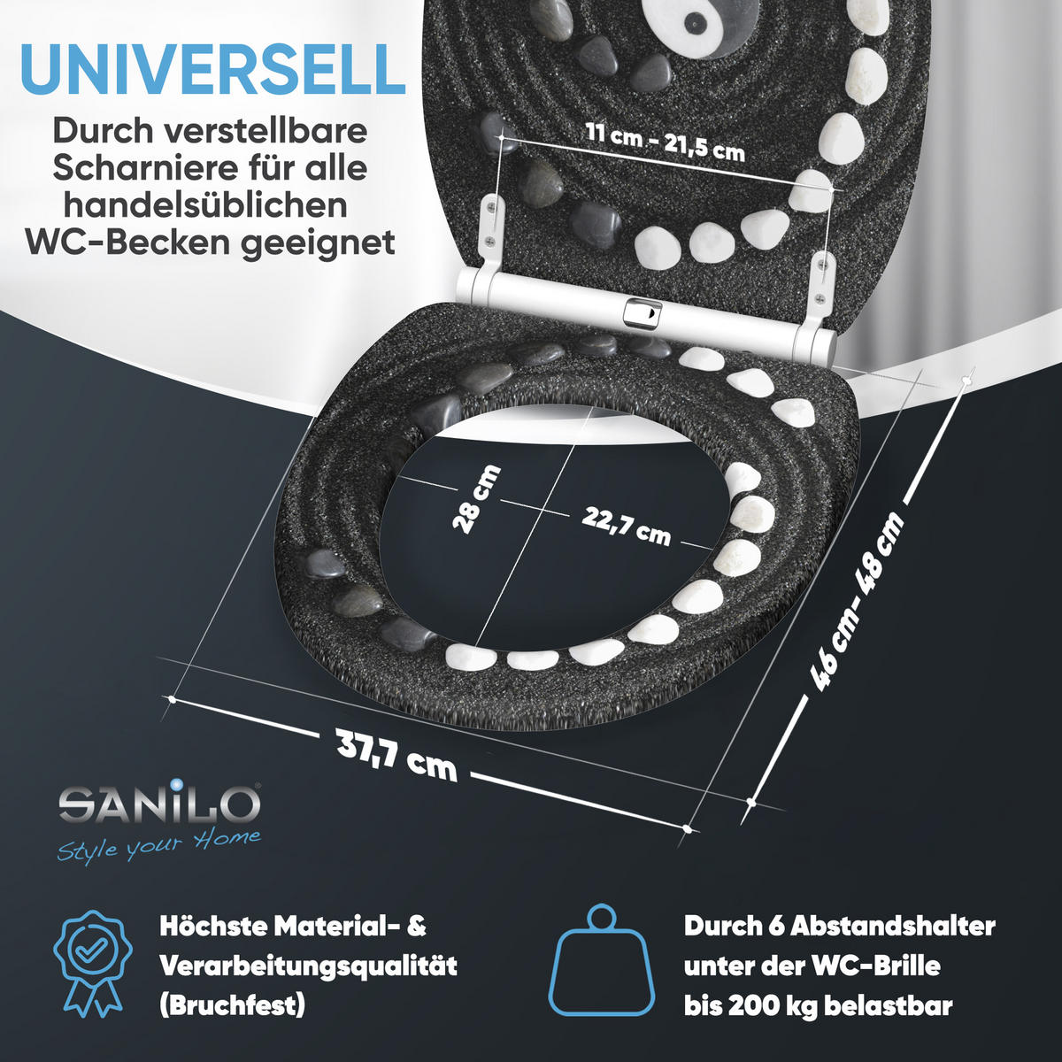 WC-SITZ mit Absenkautomatik & Top Fix Yin Yang - Schwarz, Holzwerkstoff (37.7/5.5/48cm) - Sanilo