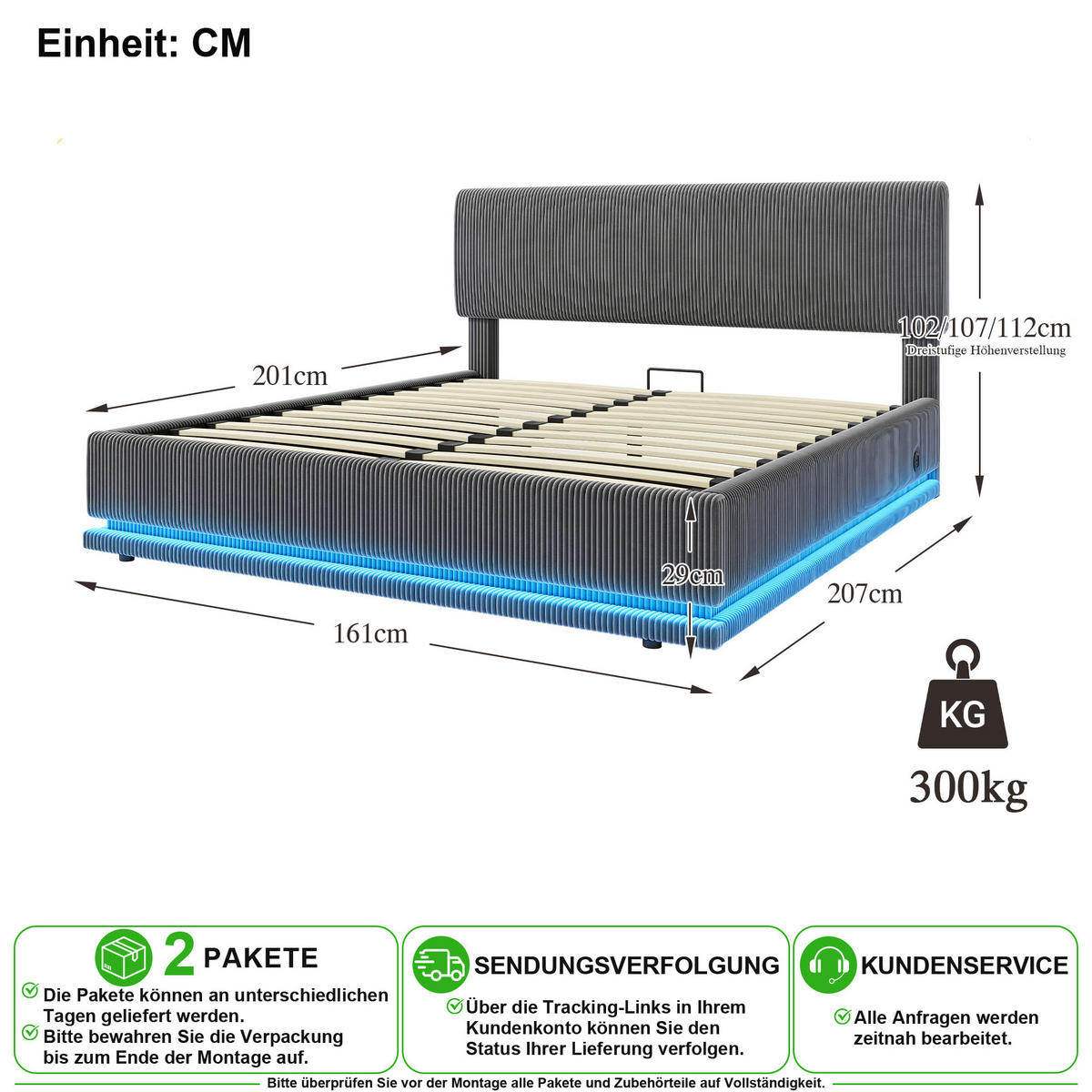 ČALOUNĚNÁ POSTEL 160/200 cm v tmavě šedé barvě s LED, USB-C a úložným prostorem - tmavě šedá, kov/kompozitní dřevo (160/200cm) - CHICFURN