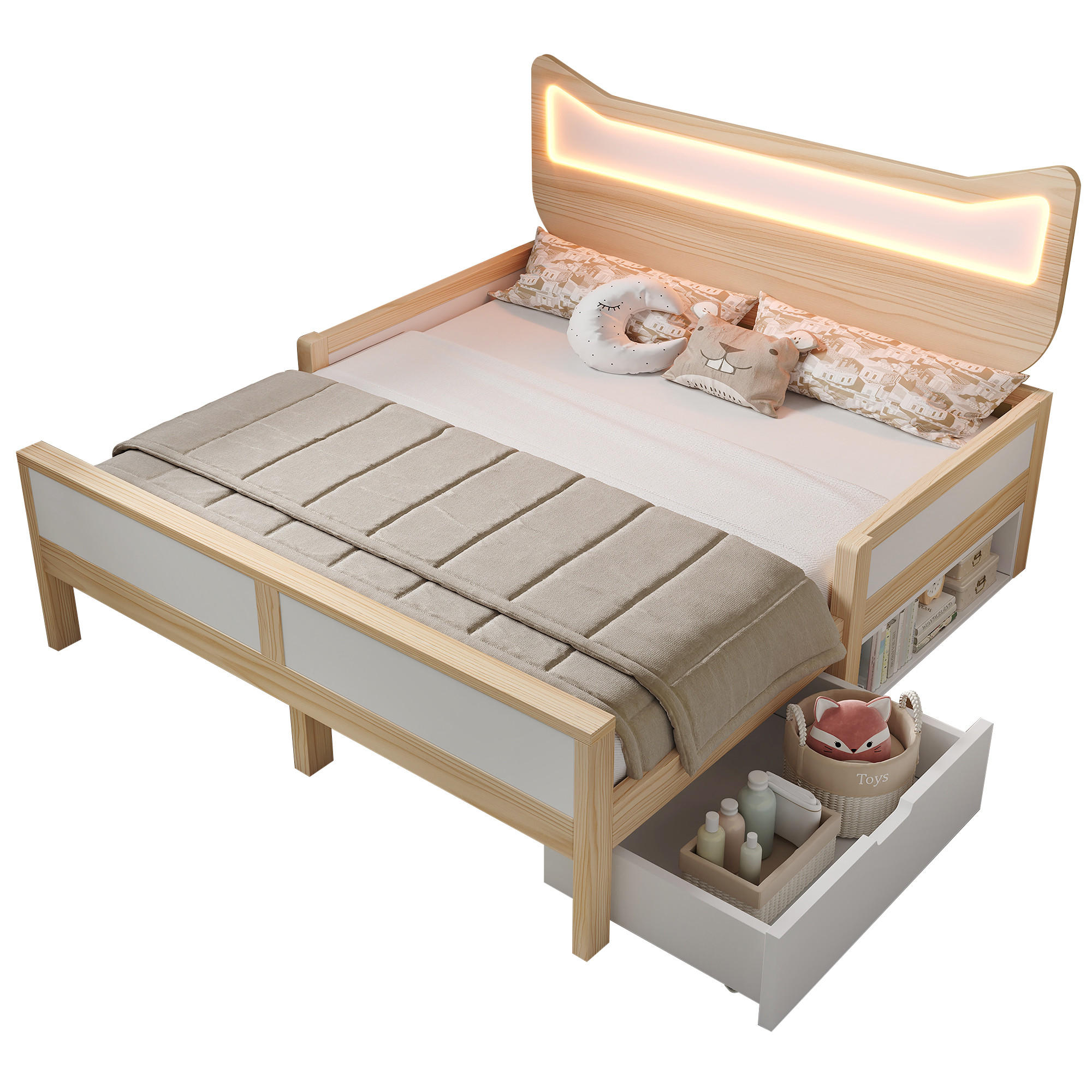 KINDERBETT 140/200 cm DE-00722, in Weiß & Eiche, LED Katzenohren und Schublade - Eichefarben, Holz (140/200cm) - ComfortXL