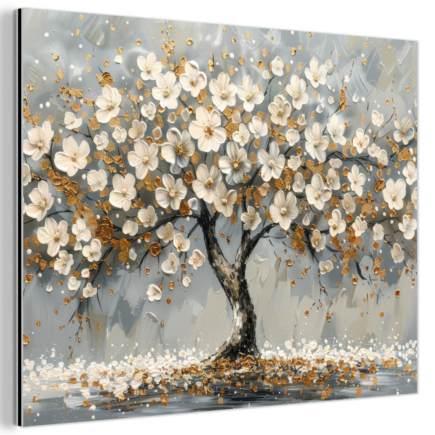 METALLBILD Baum - Blumen - Weiß - Natur - Kunst 80x60 cm - Weiß, Metall (80/60cm) - MuchoWow