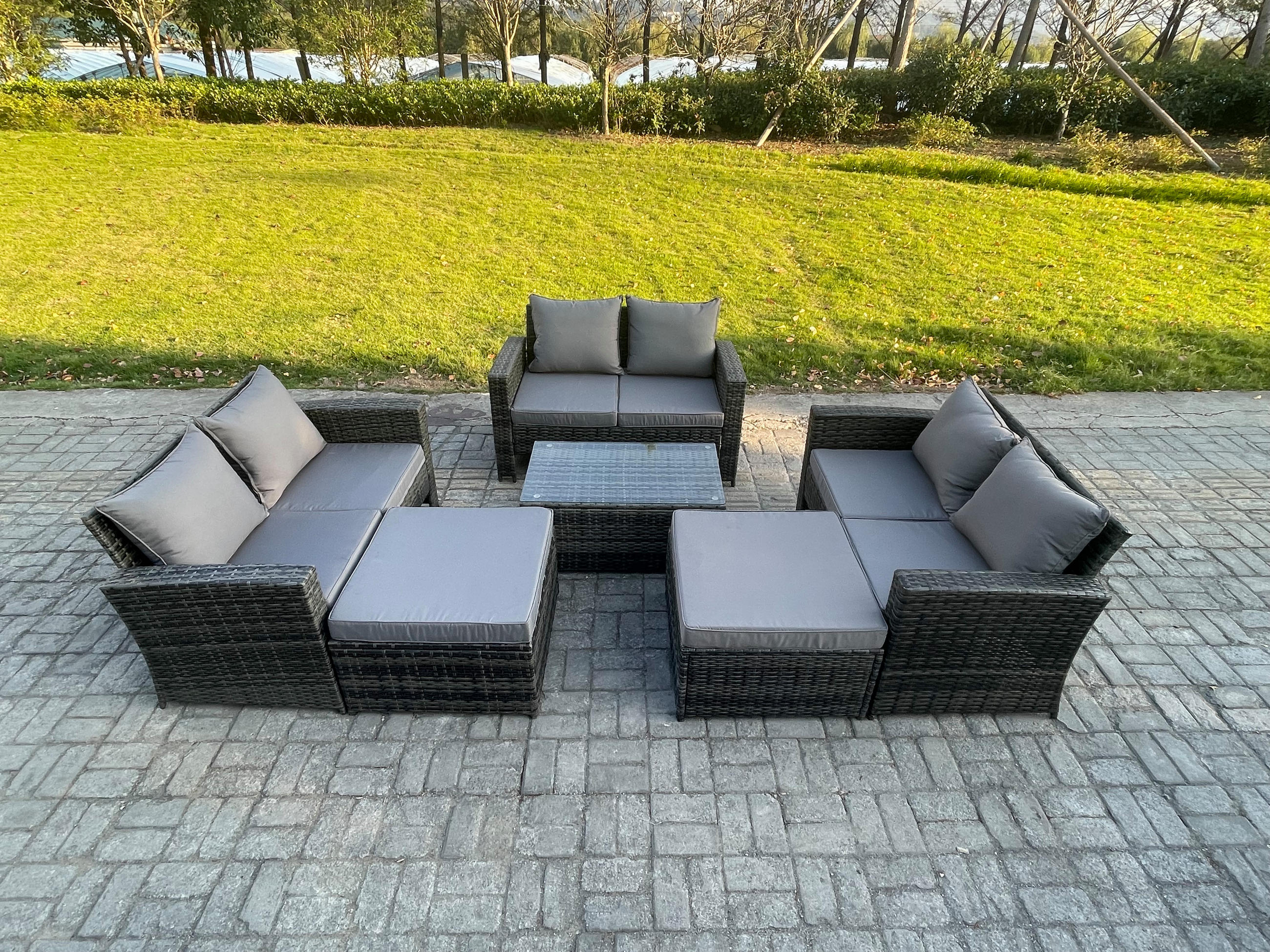 GARTENSOFA Hohe Rückenlehne Polyrattan Dunkelgrau 8-Sitzer - Dunkelgrau, Metall - Fimous