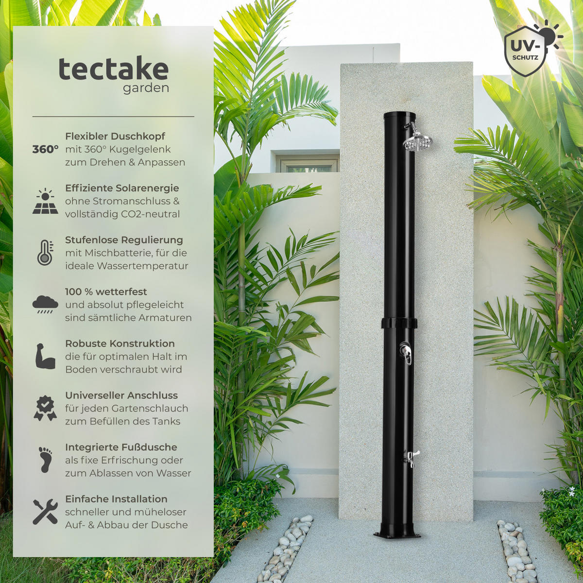 SOLARDUSCHE Orinoco,inklusive Wasserhahn,schwarz - Schwarz, Kunststoff (19.5/222/47cm) - tectake