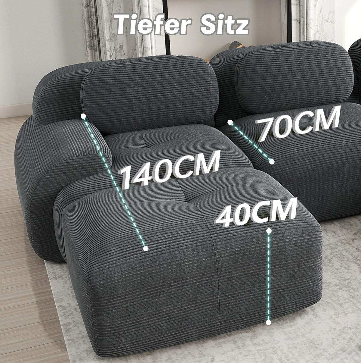 ECKSOFA modular, montagefrei, ergonomisch und rahmenlos mit Cordbezug, Grau - Grau, Textil (298/178cm) - Redom