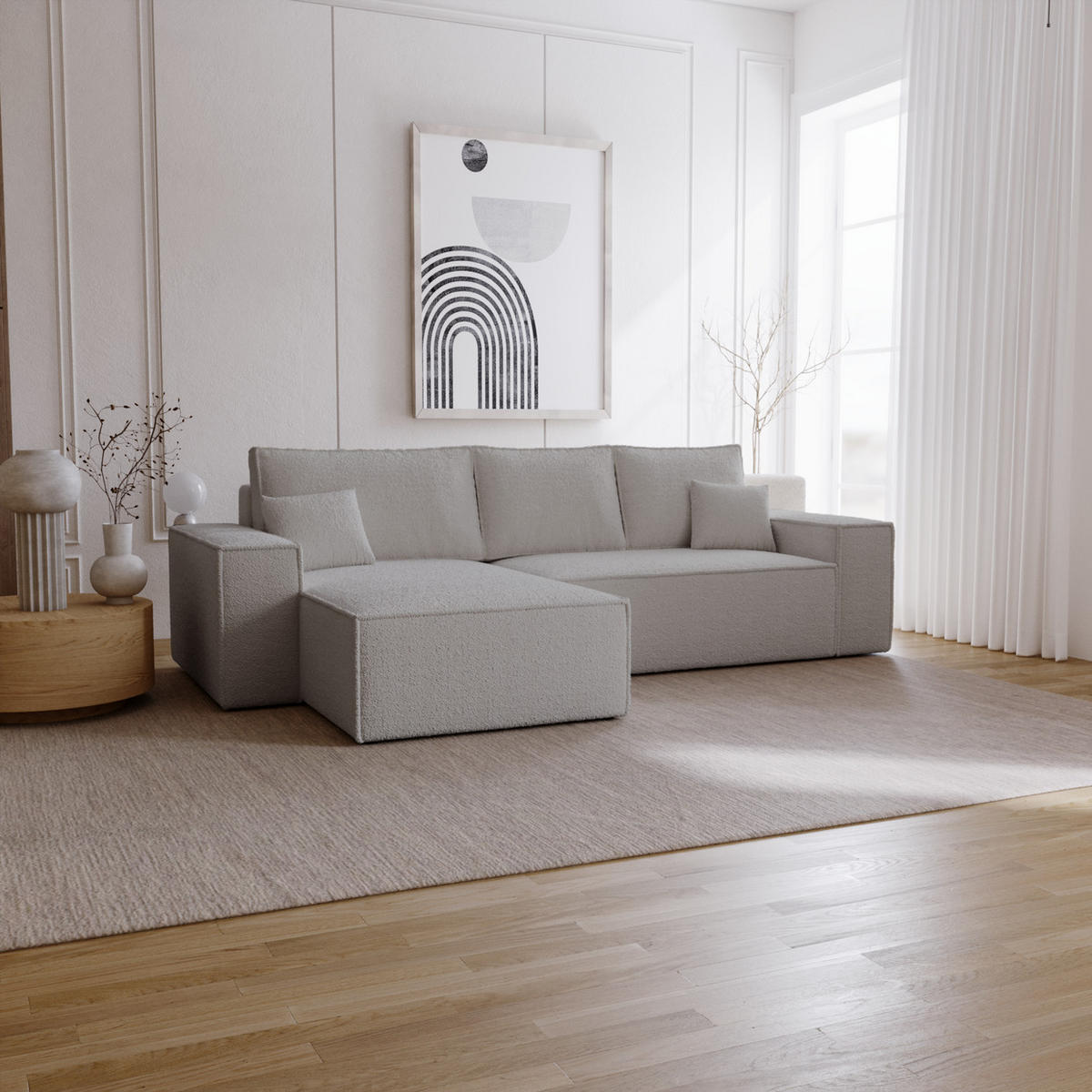 ECKSOFA Bouclé 280 cm Bergamo L mit Bettkasten, Schlaffunktion, Links - Hellgrau - Hellgrau, Holz (277/189cm) - Emporius