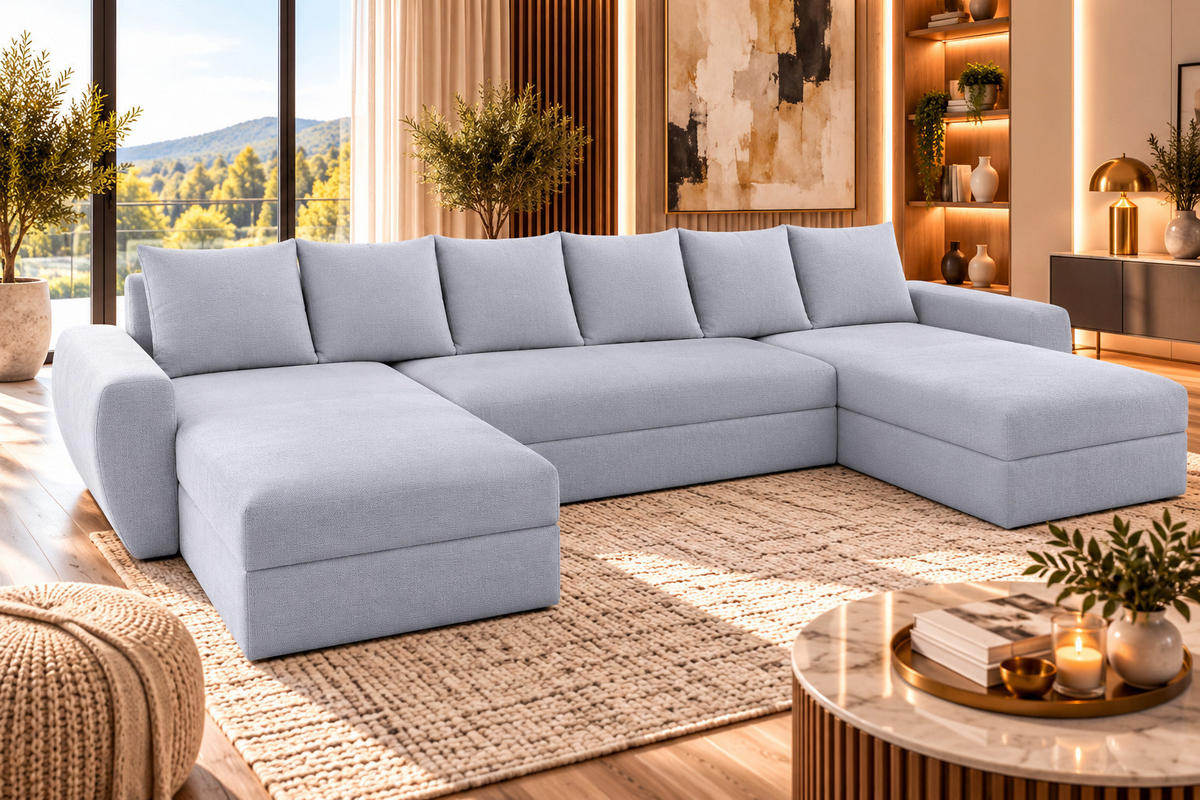 WOHNLANDSCHAFT PUMA U-Form 308 cm mit Schlaffunktion, Bettkasten, Kunstleder-Stoff oder Samt, verschiedene Farben - Schwarz/Grau, Kunststoff (308/85/140cm) - Wohnideebilder