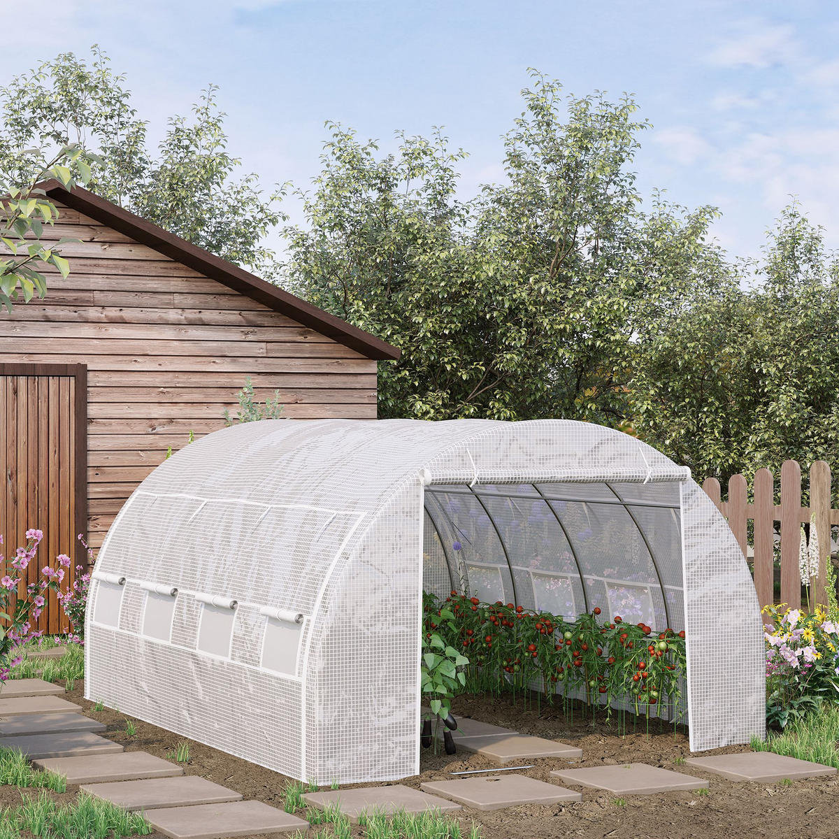 TUNNEL-GEWÄCHSHAUS DE-05832 begehbar mit aufrollbaren Wänden 397/300/200 cm Weiß - Weiß, Kunststoff/Metall (300/200/397cm) - ComfortXL