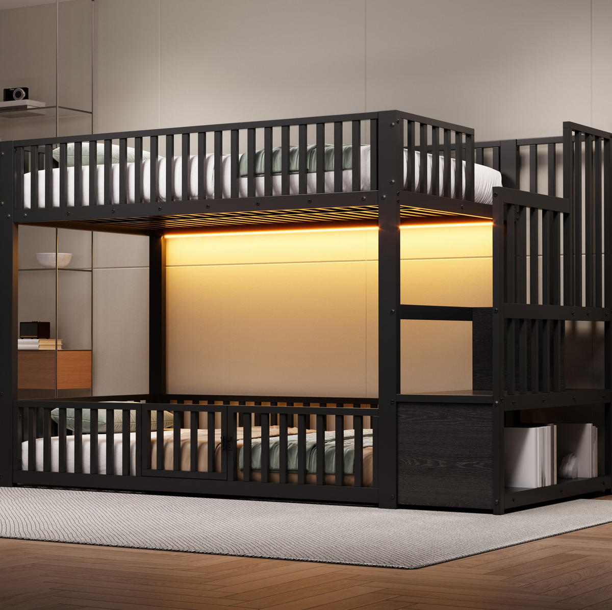 PATROVÁ postel 90/200 cm černá z MDF a kovu s LED osvětlením a úložným schodištěm - černá, kompozitní dřevo (90/200cm) - OKWISH