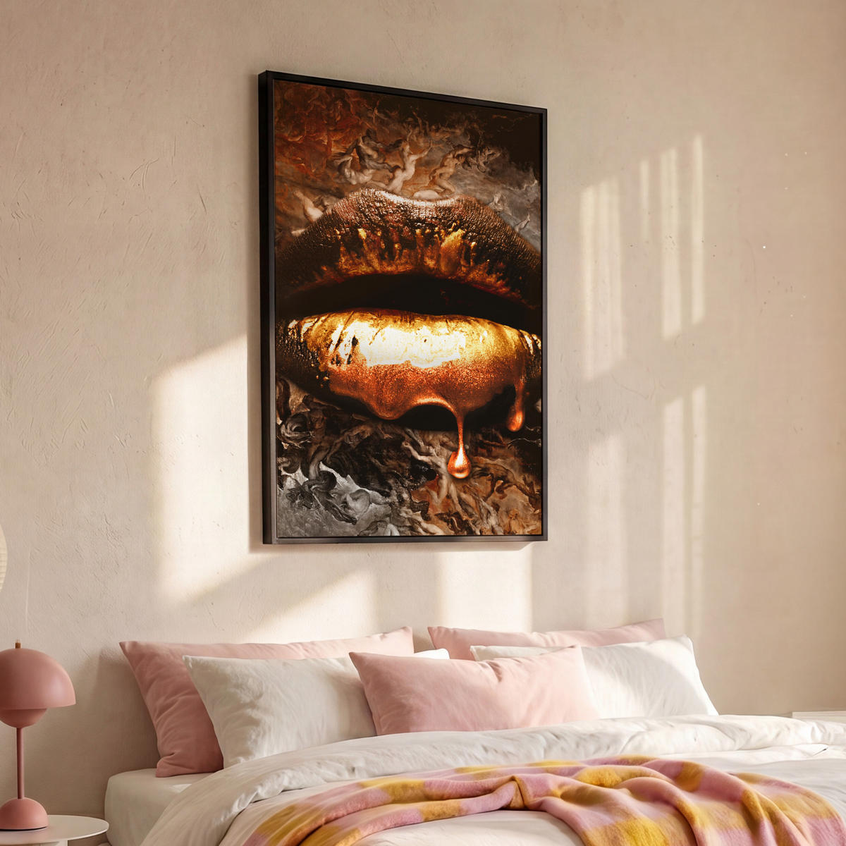 LEINWAND Bilder mit Rahmen - Gold - Lippen - Kunst - Gold - Luxus - Abstrakt - 80x120 - Kupferfarben, Textil (80/120cm) - MuchoWow