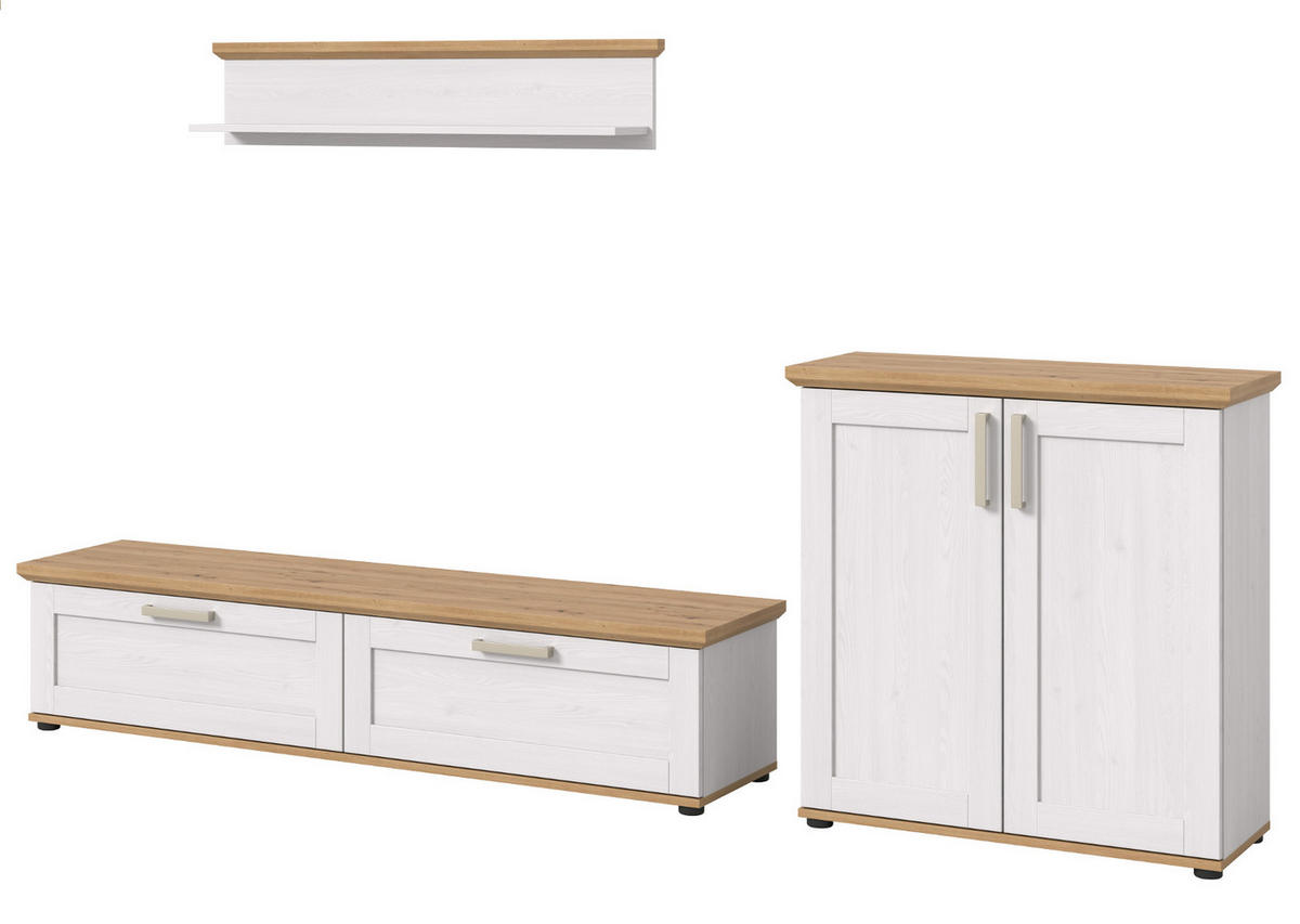 WOHNWAND 3-teilig weiß Lärche, Eiche Artisan 260 cm Landhaus, Schrankwand mit viel Stauraum - Silberfarben/Schwarz, Holzwerkstoff/Kunststoff (260/151/40cm) - Inn.Furn