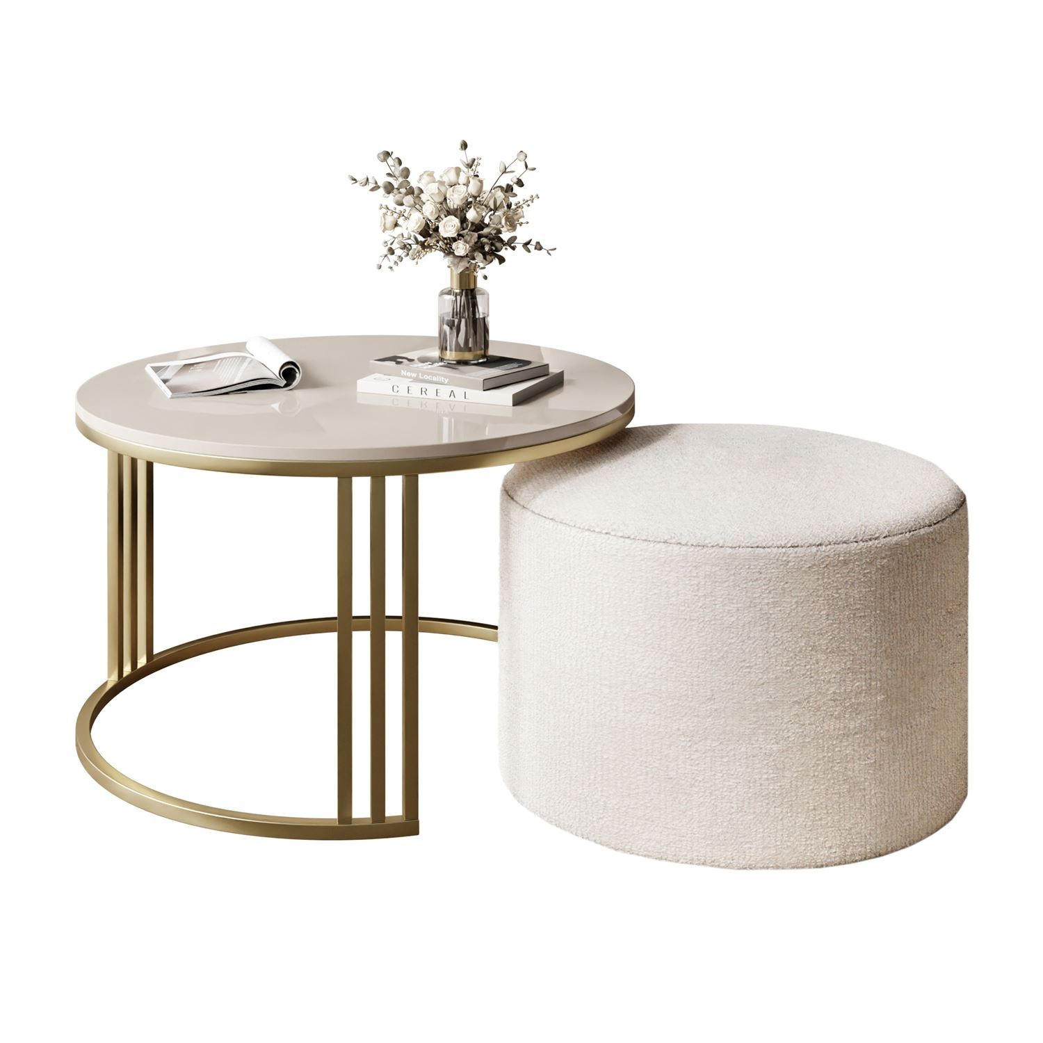 COUCHTISCH mit Hocker LORI Hochglanz gebürstetes Gold/glänzender Kaschmir/Perfect Harmony 01 - Kaschmir, Metall (70/70/49cm) - Lookway