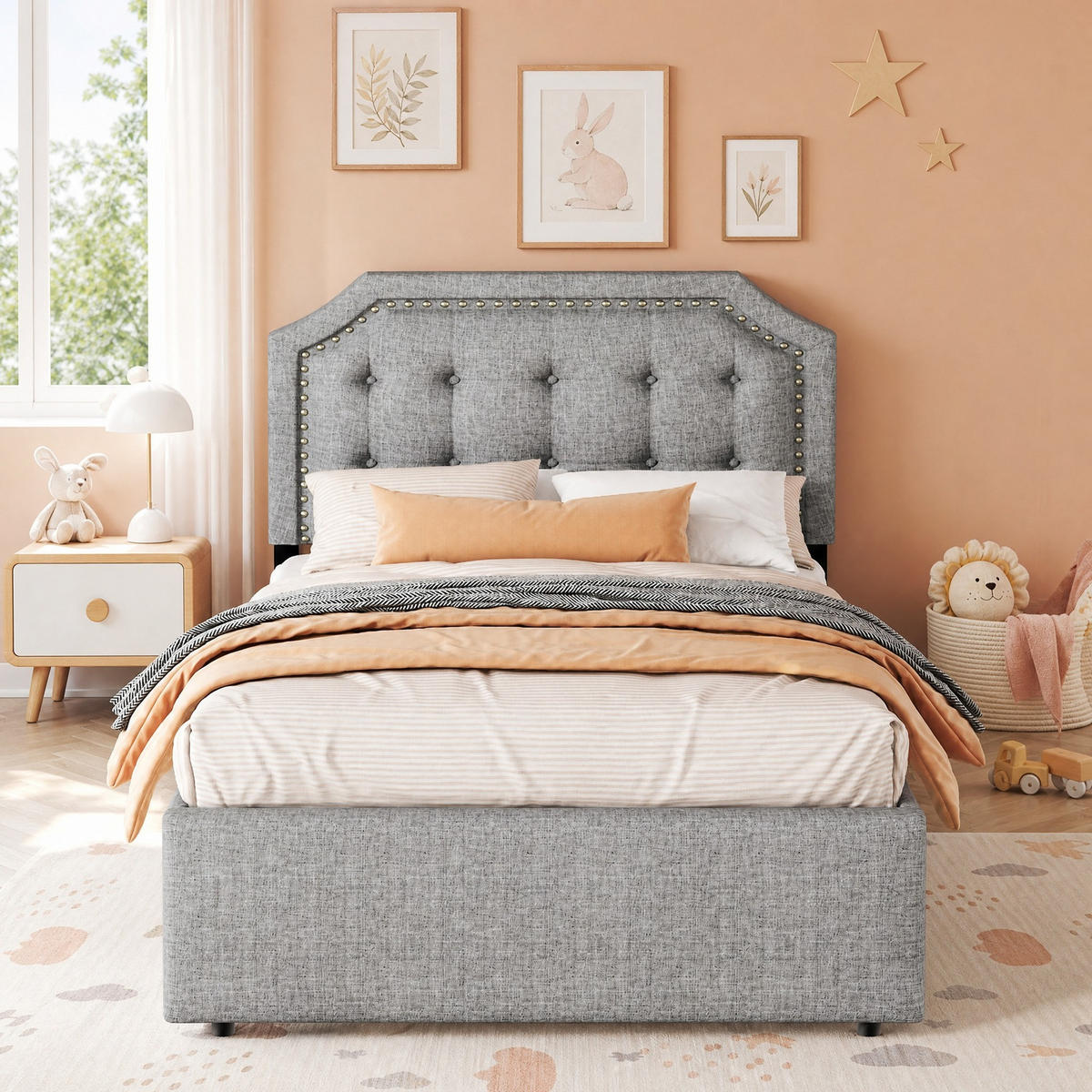 POLSTERBETT 90/200 mit 2 Schubladen, verstellbarem Polsterkopfteil und Ziernieten in Grau - Grau, Holzwerkstoff/Textil (90/200cm) - EVRYAE