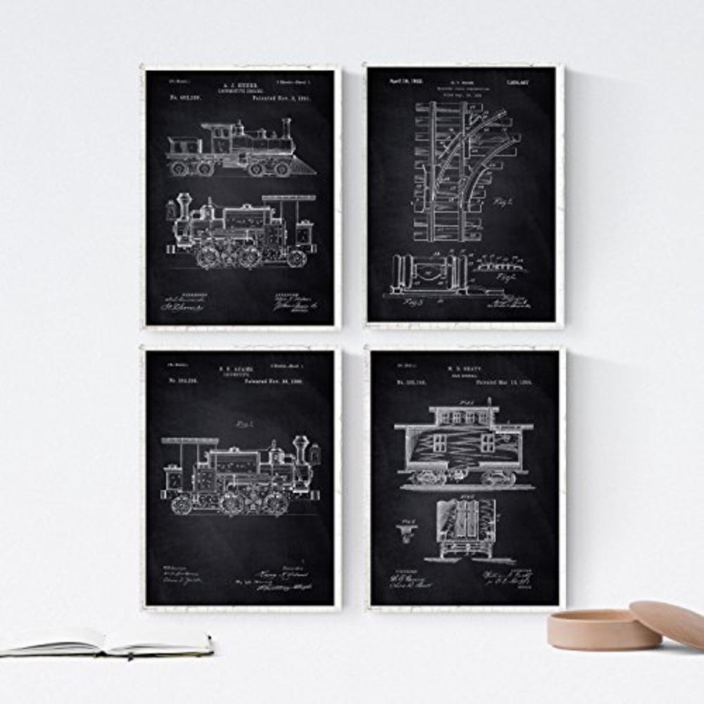 POSTER Set mit 4 Schwarz Eisenbahn Patent A4 Rahmenlos - Klar, Papier (29.7/3cm) - Nacnic