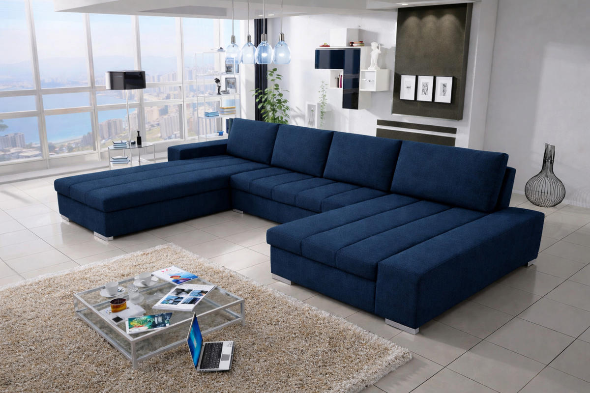 WOHNLANDSCHAFT VERONA U-Form mit Schlaffunktion, Bettkasten und Wellenfederung – Großzügiges Ecksofa 387 cm - Blau, Kunststoff (387/85/213cm) - Wohnideebilder
