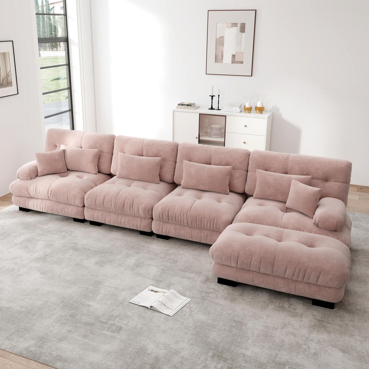 ECKSOFA 406/145/81 cm in Rosa aus Chenille mit Ottomanen - Pink, Textil (145/406cm) - Flora Grace
