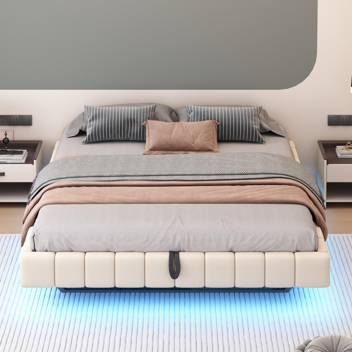 POLSTERBETT 180/200 cm Beige mit Stauraum und LED-Beleuchtung aus Leinen - Beige, Textil (180/200cm) - OKWISH