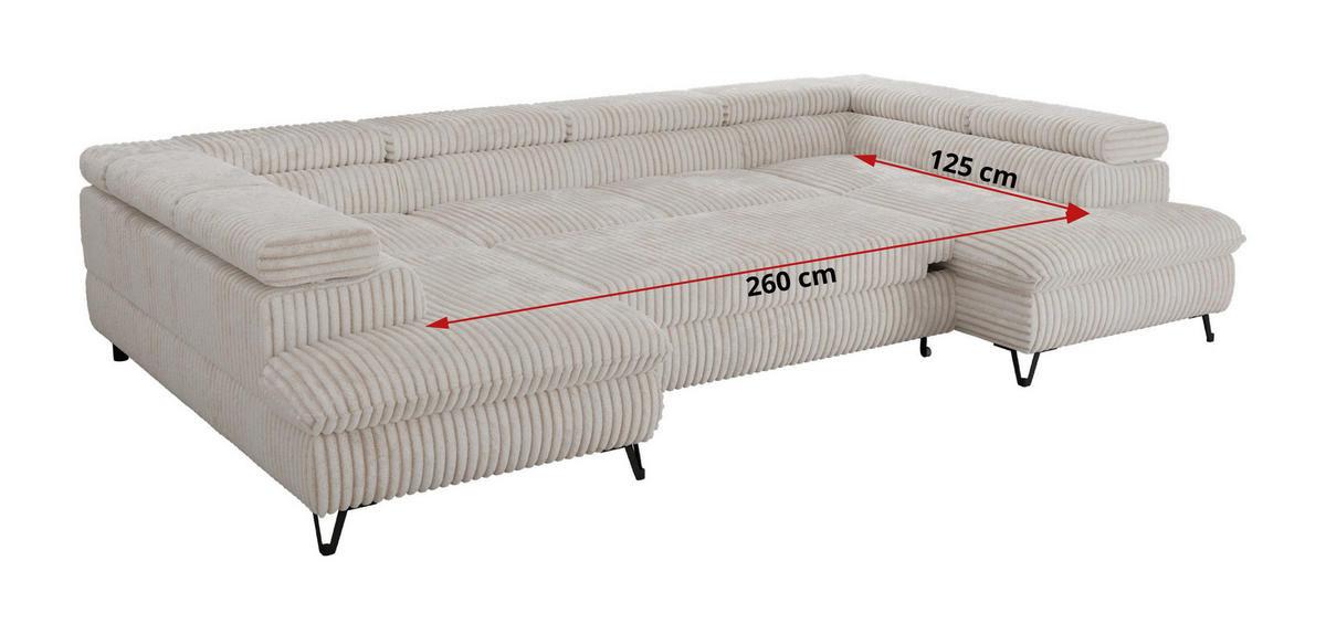 WOHNLANDSCHAFT PABLO U Cord Beige mit Topper Visco - Beige/Schwarz, Textil/Metall (346/76/208cm) - MKS