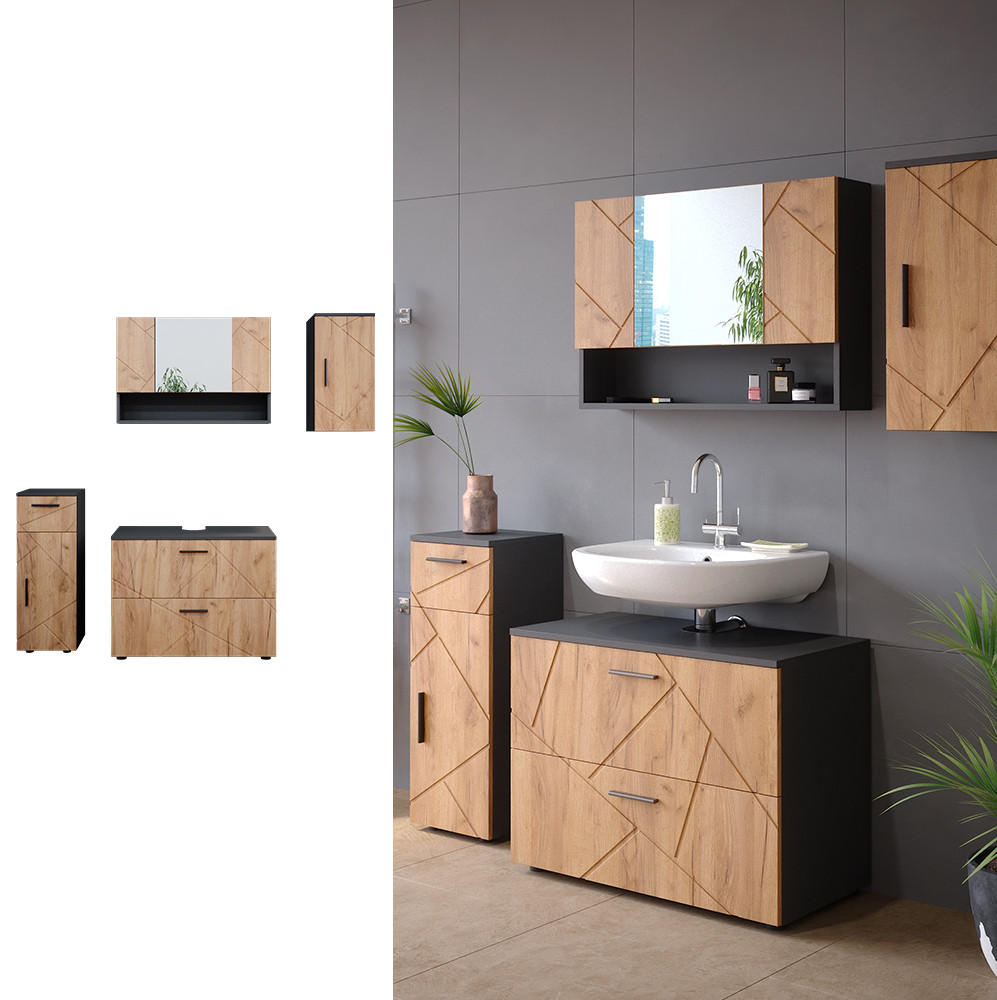 BADMÖBEL-SET Irma Goldkraft Eiche/Anthrazit 4 Teile - Anthrazit/Eiche Wotan, Holzwerkstoff (80/58.6/41cm) - Vicco
