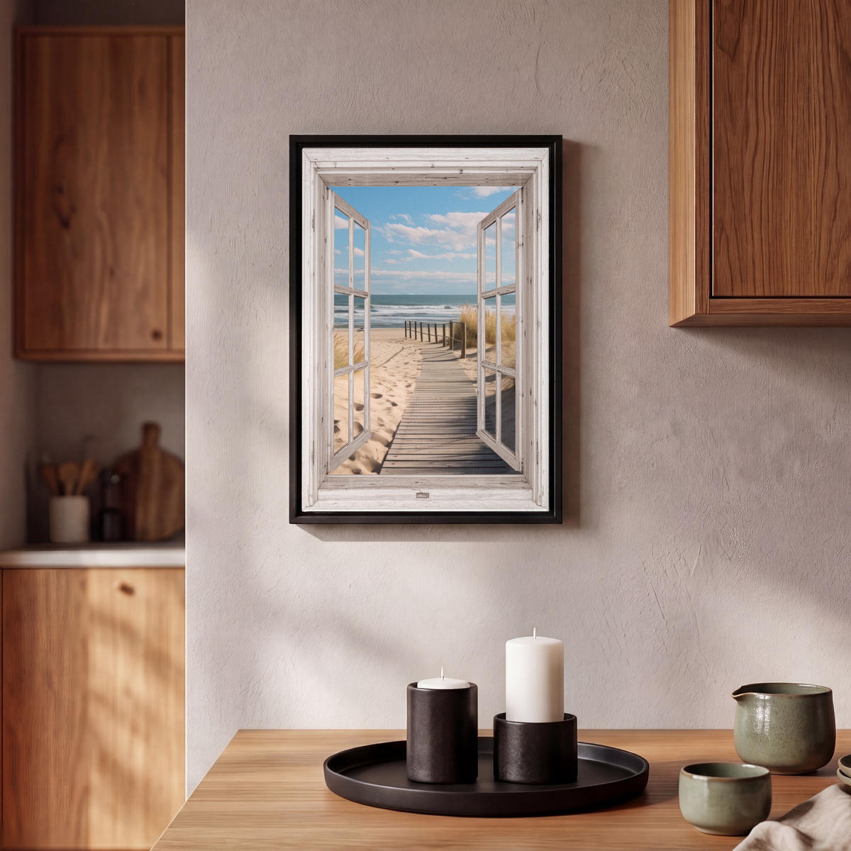 LEINWAND Bilder mit Rahmen - Fenster - Meer - Küste - Natur - Ausblick - Strand - Wattenmeer - 20x30 - Beige, Textil (20/30cm) - MuchoWow