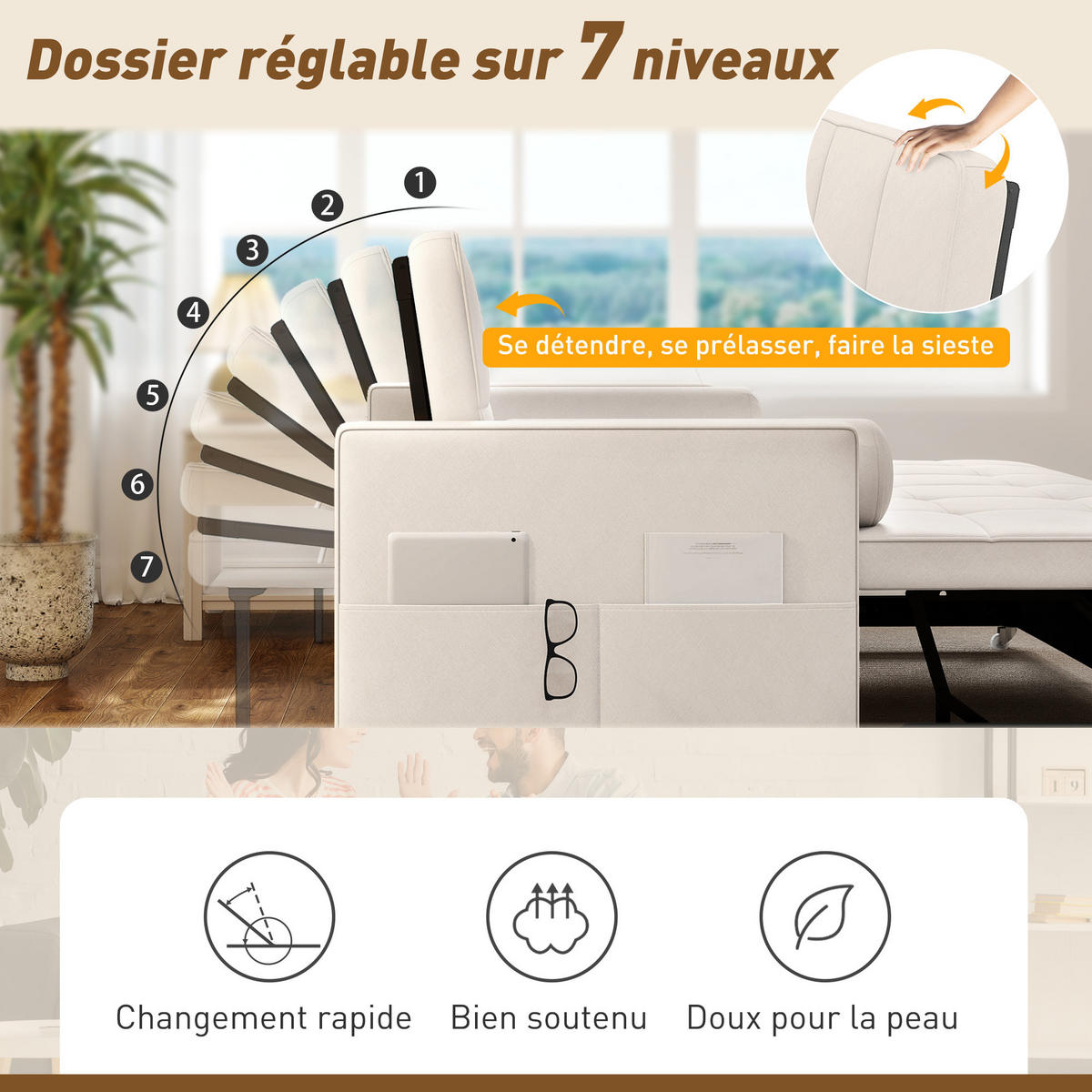 SCHLAFSOFA 2-Sitzer DE-14660 3-in-1 & 7-fach verstellbar Beige - Beige, Metall (137.5/84/80.5cm) - ComfortXL