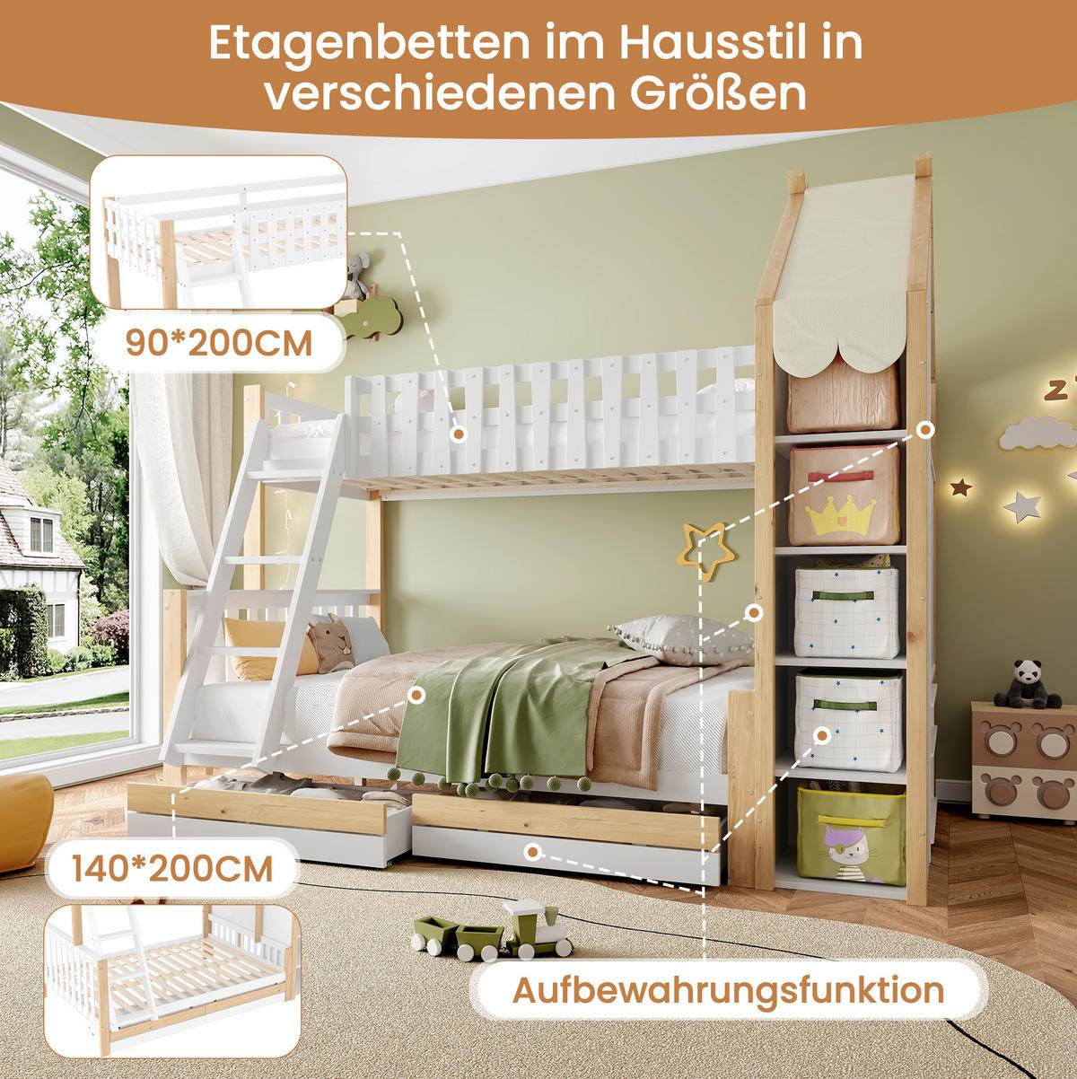 ETAGENBETT 90/200 + 140/200 cm aus Kiefernholz mit Hausdach, Bettgitter, Leiter und 2 Schubladen, Weiß/Natur - Weiß, Holz (90/200cm) - Redom