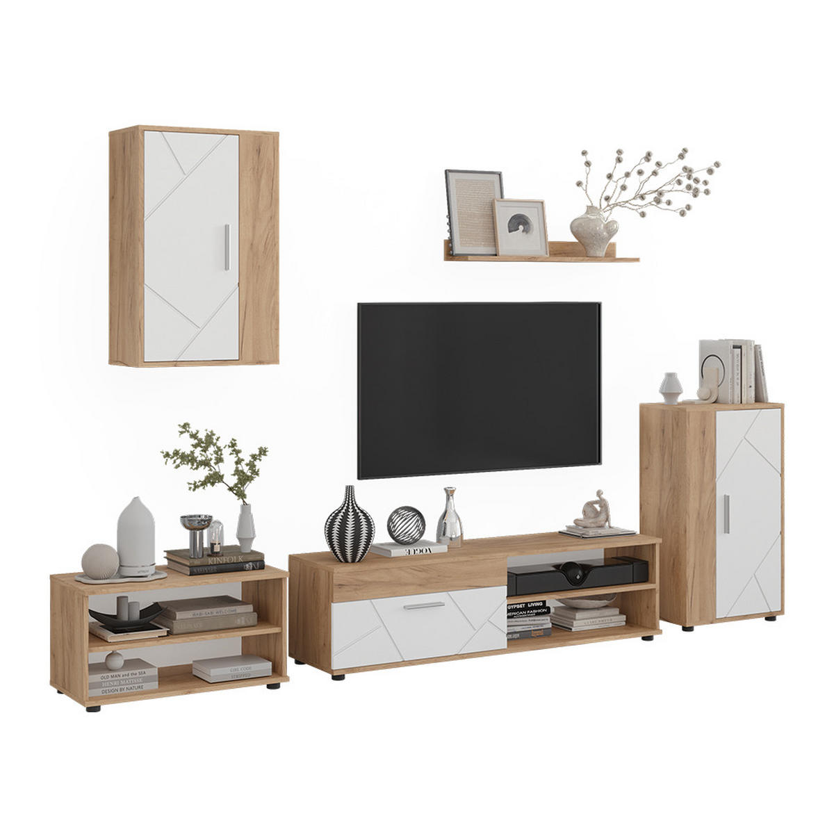 WOHNWAND Berno, Goldkraft Eiche/Weiß, 5-teiliges Set - Honigeiche/Weiß, Holzwerkstoff (140/38.7/35.2cm) - Vicco