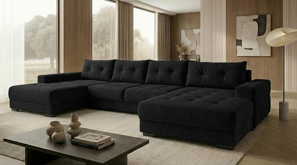 ECKSOFA MODENA 320 cm x 185 cm – Stoff: ZOOM 23 Farbe: Schwarz - Schwarz, Textil (320/185cm) - A&J MöbelLand