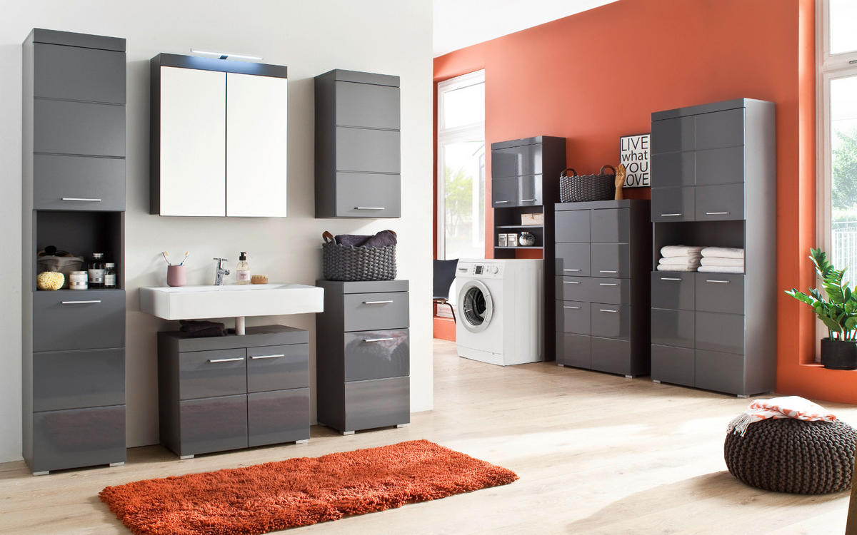 BADSCHRANK grau Hochglanz 37 x 79 cm, Badezimmer Kommode modern - Grau, Holzwerkstoff/Kunststoff (37/79/31cm) - Top.Furn