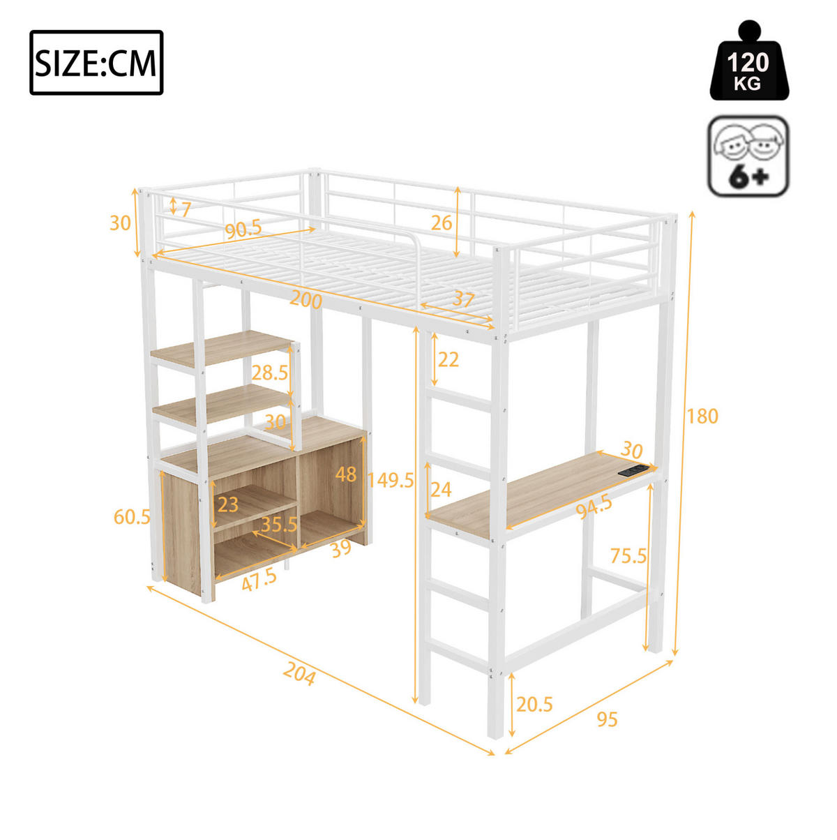 HOCHBETT 90/200 cm in Weiß mit Schreibtisch, Regalen und USB-Anschluss - Weiß, Metall (90/200cm) - Flora Grace