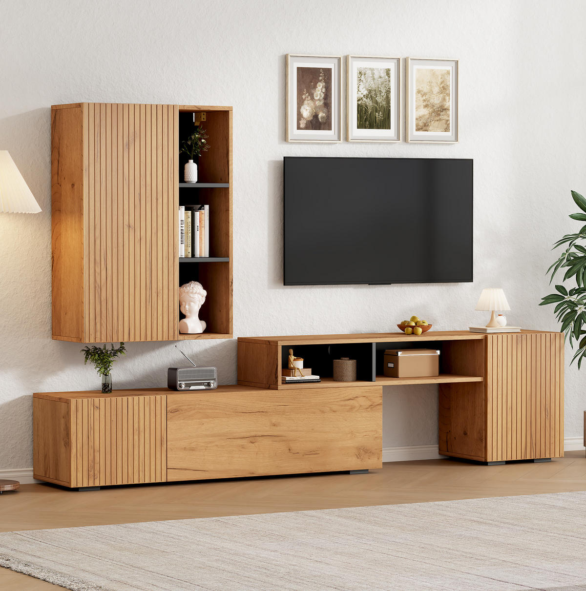 TV-MÖBEL-SET aus Spanplatte 135x35x53 cm Eiche/Schwarz mit verstellbarem TV-Lowboard und Wandschrank - Eichefarben, Holzwerkstoff (135/53.5/35cm) - IVMEU