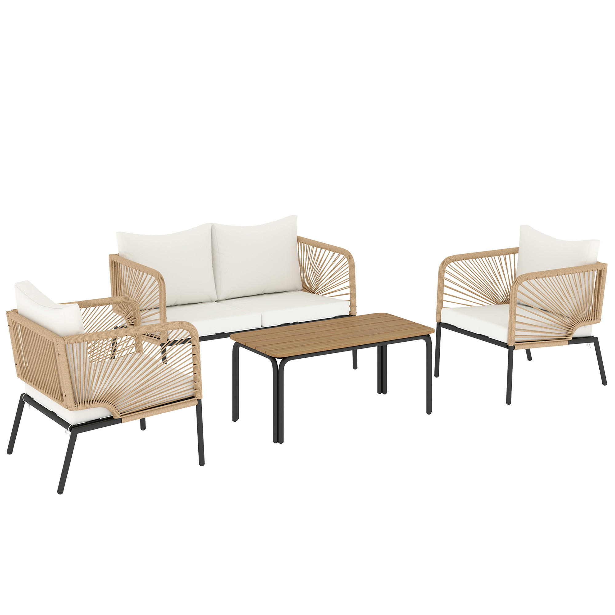 BALKONMÖBEL-SET 4er Set Metall PE-Rattan Weiß - Schwarz/Weiß, Textil/Metall - Outsunny