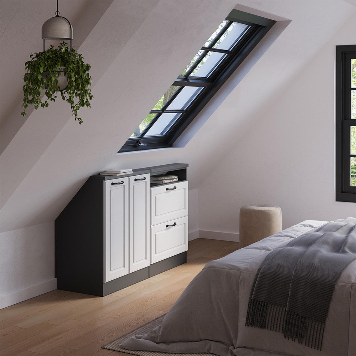 DACHSCHRÄGENSCHRANK-SET Rion Weiß Landhaus/Anthrazit 2er Set - Anthrazit/Weiß, Holzwerkstoff (120/81.6/46cm) - Vicco