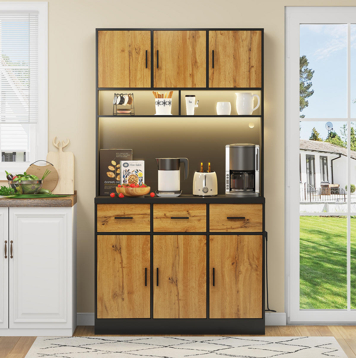 BUFFET 100/40/180 cm in Schwarz/Natur mit LED-Beleuchtung und Steckdosenleiste - Schwarz, Holzwerkstoff (100/180/40cm) - Flora Grace
